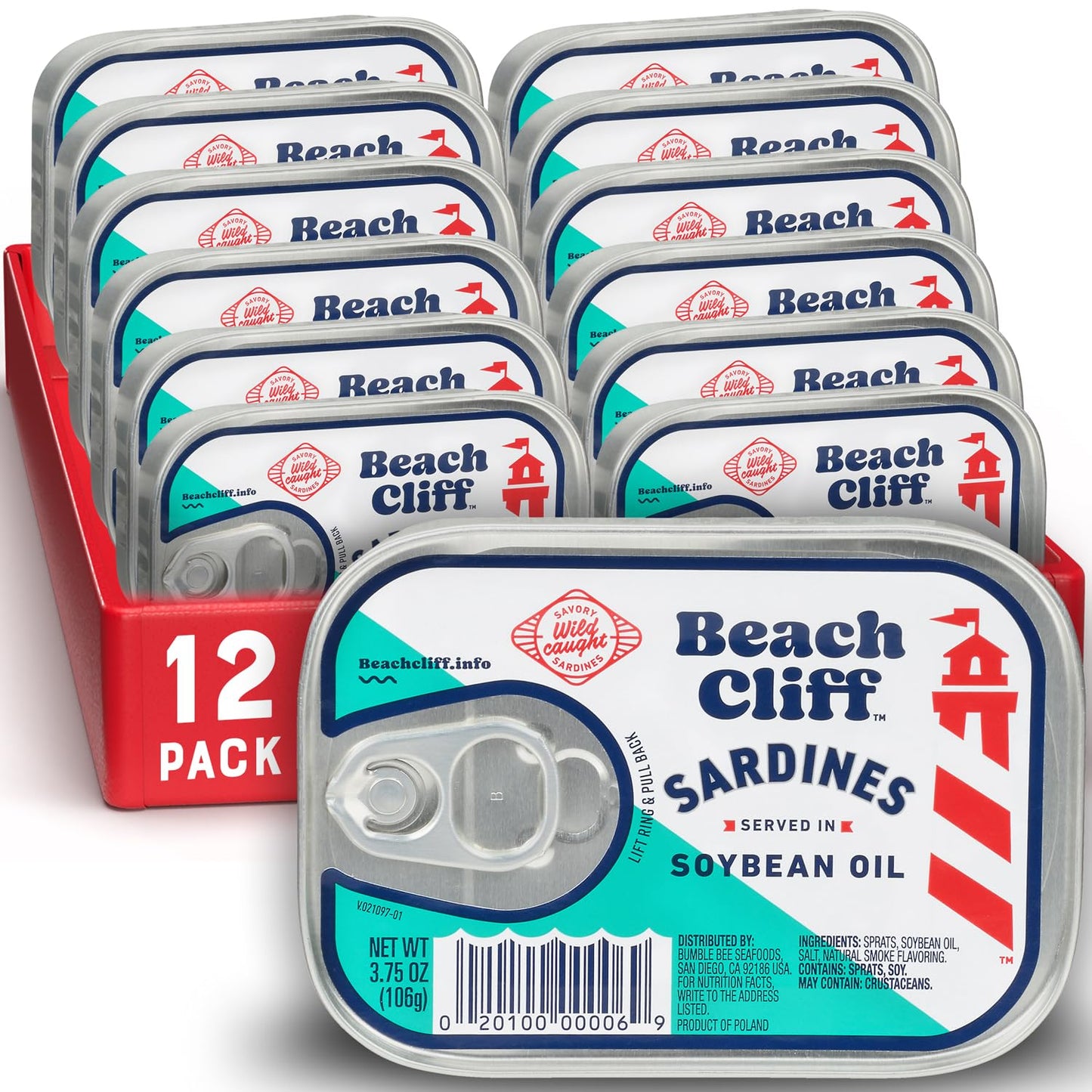 Beach Cliff Sardines in Water, 3.75 oz Can (Pack of 12) - Wild Caught Sardines - 12g Protein per Serving - Gluten Free, Keto Friendly