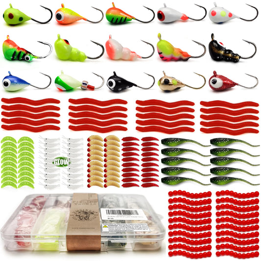 45Pcs Tungsten Ice Fishing Jigs Lures Kit, Micro Glow Tungsten Winter Jig Heads Hooks for Walleye Crappie Panfish Trout, Ice Fishing Gear Equipment Tackle Accessories