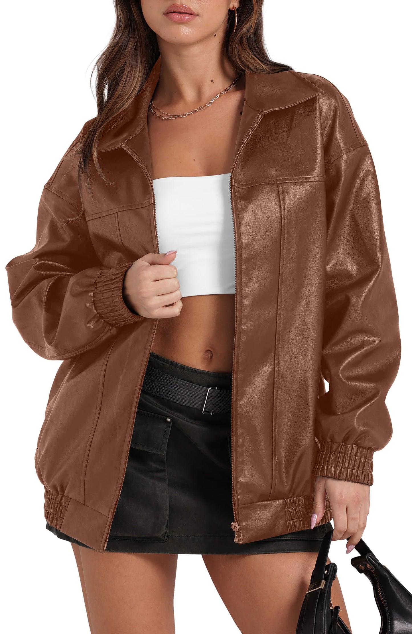 SAMPEEL Leather Jacket Women Faux Oversized Motorcycle Bomber Coats 2024 Fall Fashion Outfits Winter Clothes