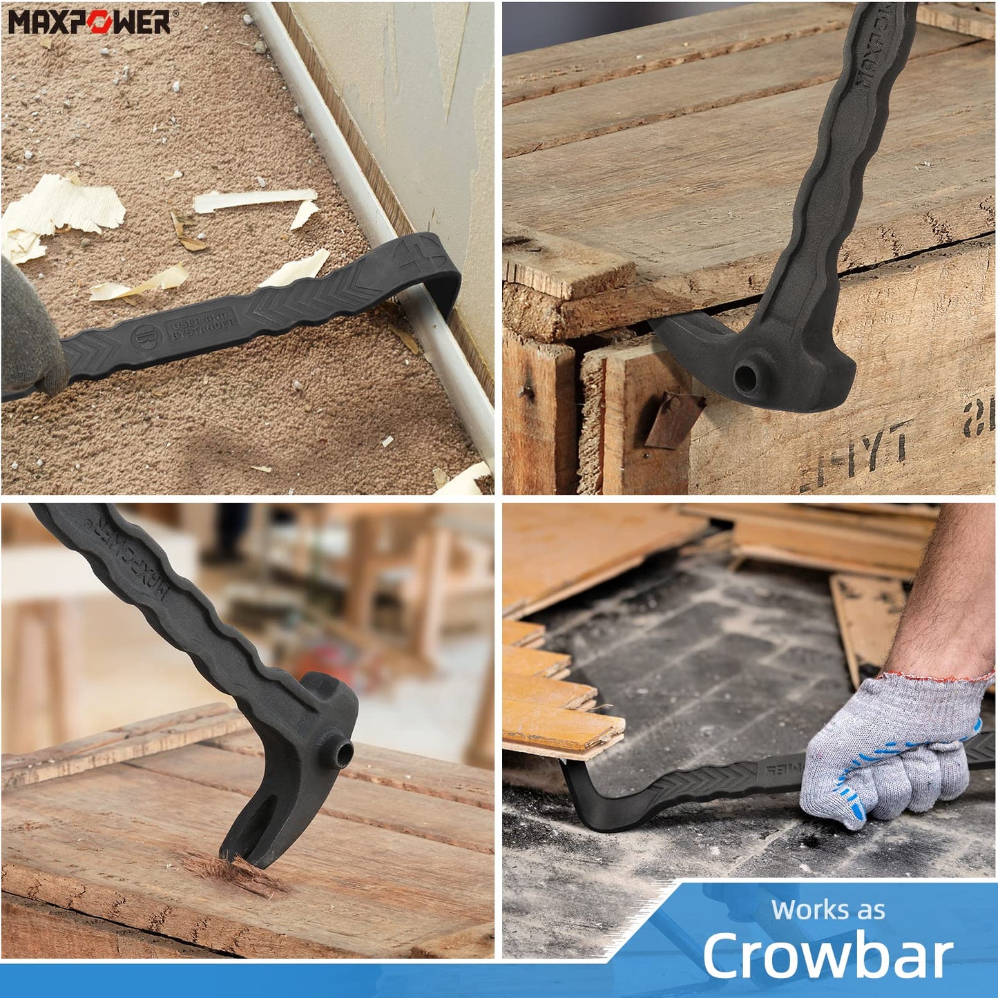 MAXPOWER 4-Pieces Pry Bar Set, 12-inch Utility Claw Pry Bar, 8-inch Nail Puller, 10-inch and 7-inch Flat Pry Bar Crowbar Claw