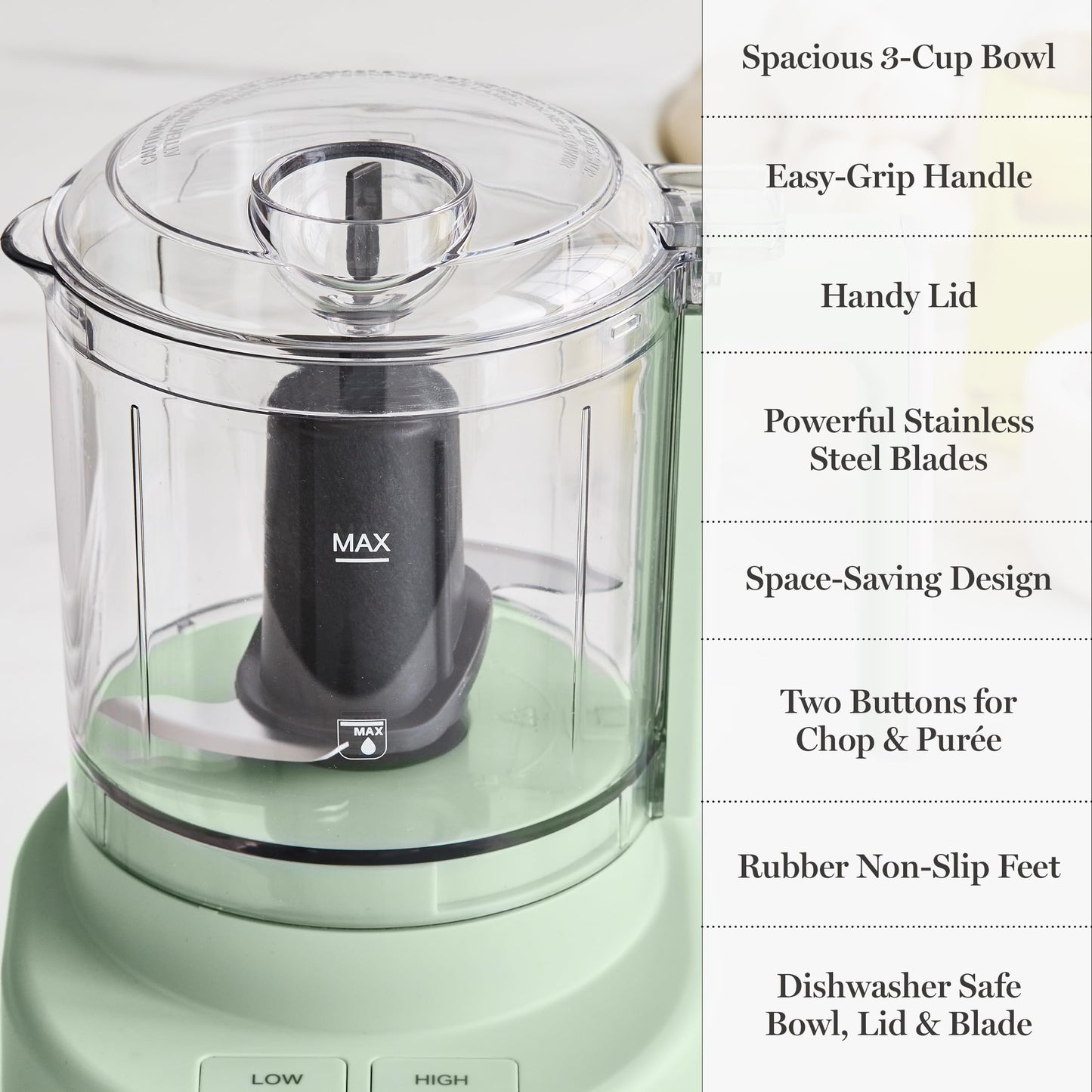 Martha Stewart 3 Cup Electric Food Chopper, Vegetable & Herb Mini Food Processor, 24oz BPA-Free Bowl, Stainless Steel Blades, Pour Spout, Dicing, Mincing, Chop & Puree, Dishwasher Safe, Caviar