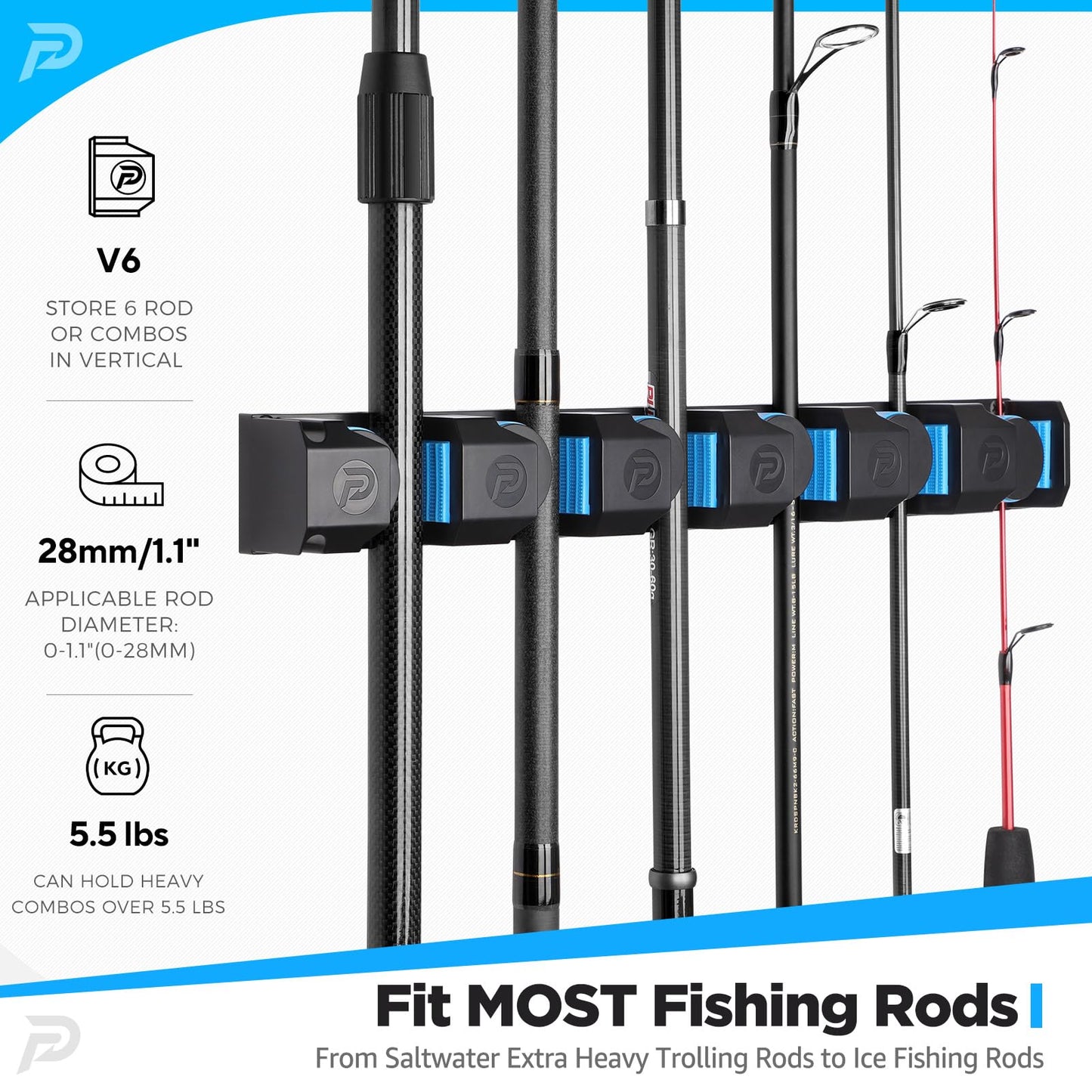 PLUSINNO Vertical Fishing Rod Holder, Wall Mounted Fishing Rod Rack, Fishing Pole Holder Holds Up to 9 Rods or Combos, Fishing Rod Holders for Garage, Fits Most Rods of Diameter 3-19mm