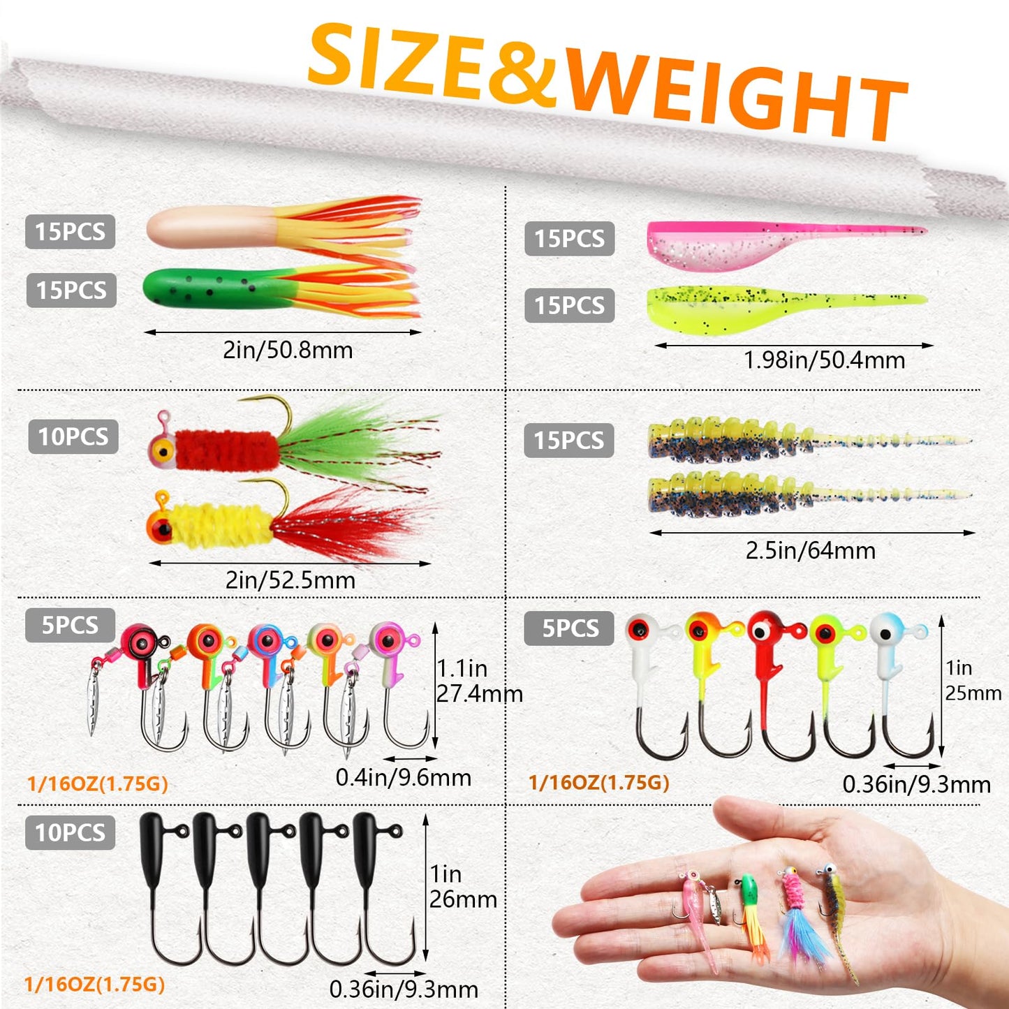 Dovesun Crappie Lures with Jig Heads Kit, Soft Plastic Grubs-Tube Baits 1/8oz 1/16oz 1/32oz Crappie Jigs Walleye Trout Bass Crappie Baits 95-120pcs