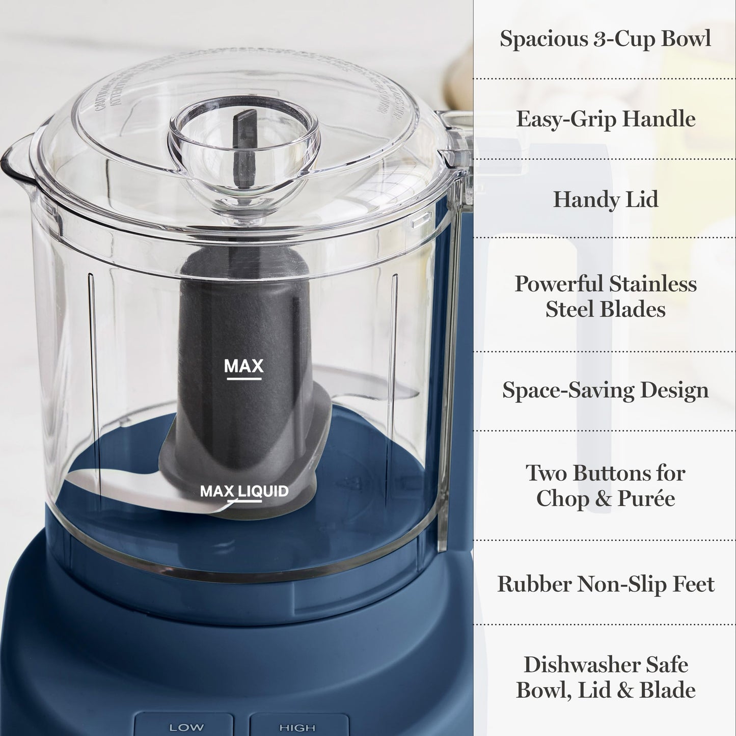 Martha Stewart 3 Cup Electric Food Chopper, Vegetable & Herb Mini Food Processor, 24oz BPA-Free Bowl, Stainless Steel Blades, Pour Spout, Dicing, Mincing, Chop & Puree, Dishwasher Safe, Caviar