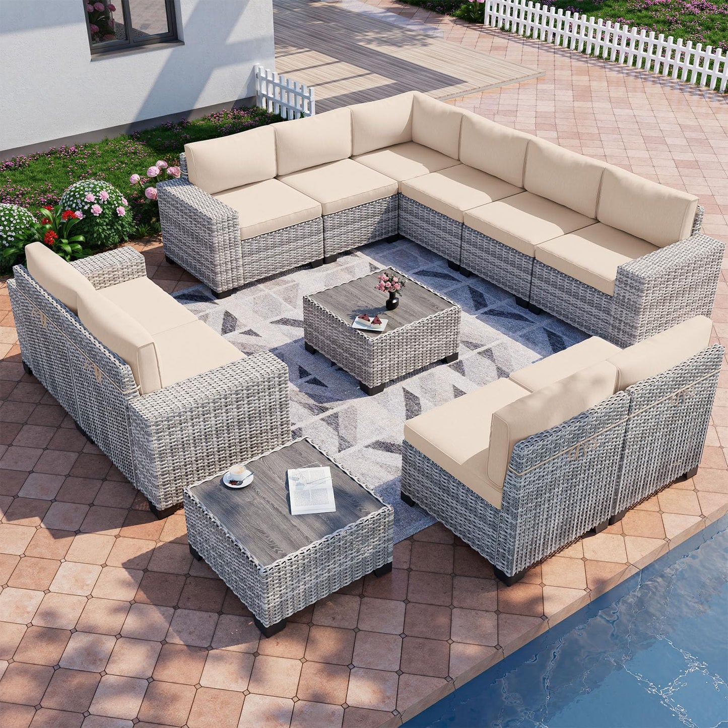 6-Piece Outdoor Patio Furniture Set Wicker Sectional Sofa Set, Patio Conversation Set with Thickened Cushions & Coffee Table for Garden, Backyard, Poolside, Beige