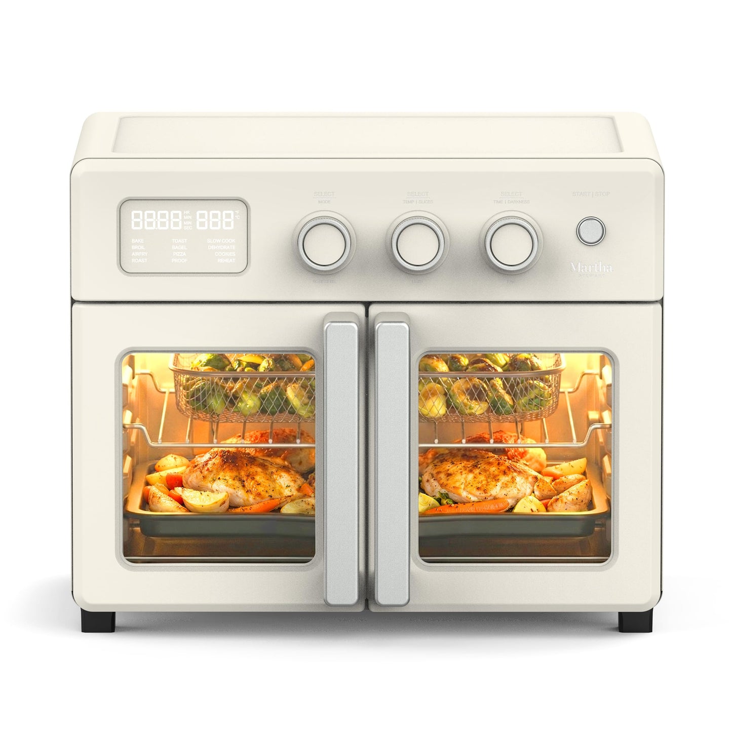 Martha Stewart French Door Air Fryer Toaster Oven Combo, 34QT Countertop Convection, 12-in-1, Bake, Broil, Roast, Fits 12” Pizza, Dehydrate, 5 Accessories, Air Fry Basket, Stainless Steel, Caviar Gray