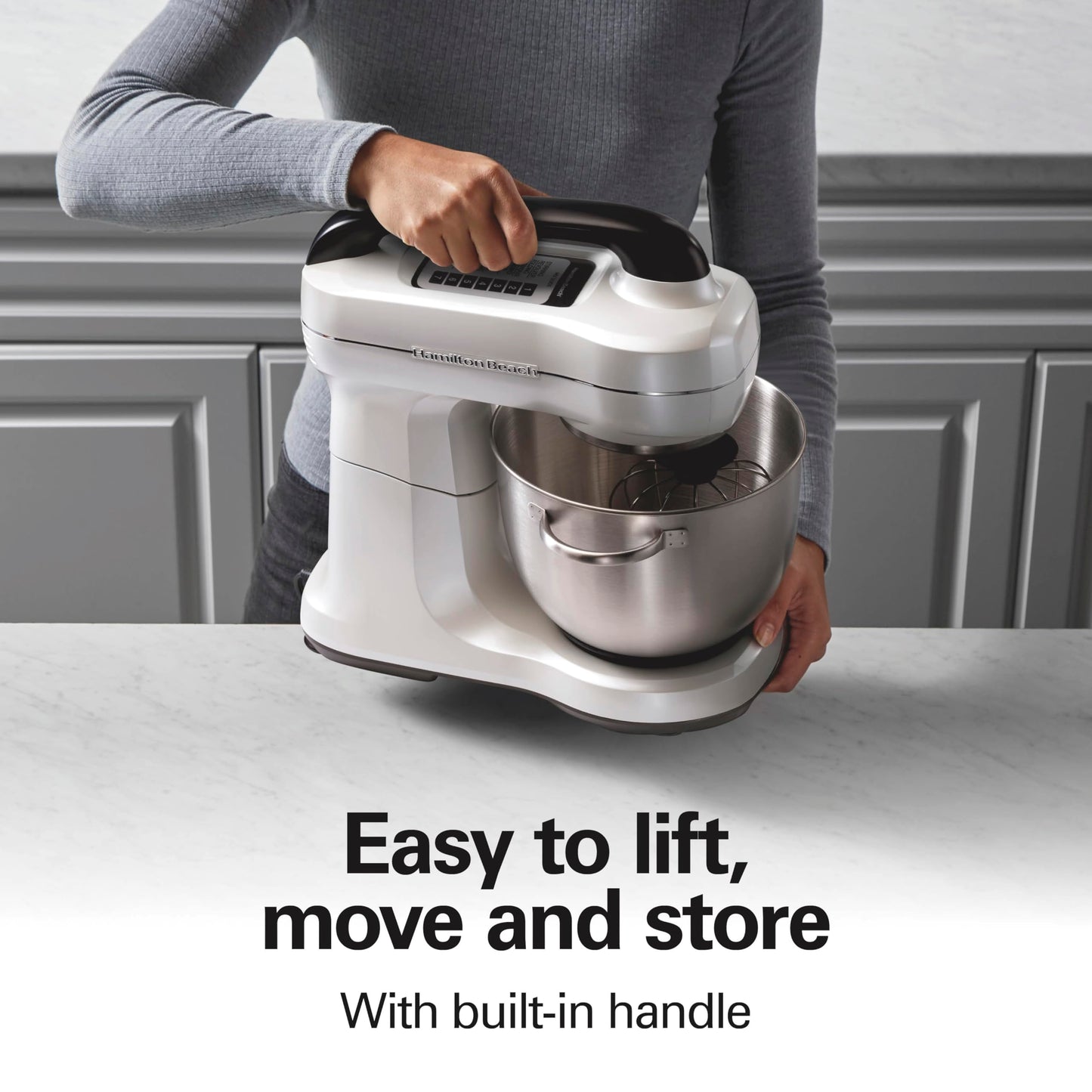 Hamilton Beach Electric Stand Mixer, 4 Quarts, Dough Hook, Flat Beater Attachments, Splash Guard, 7 Speeds with Whisk, Easy-Carry Top Handle, Blue