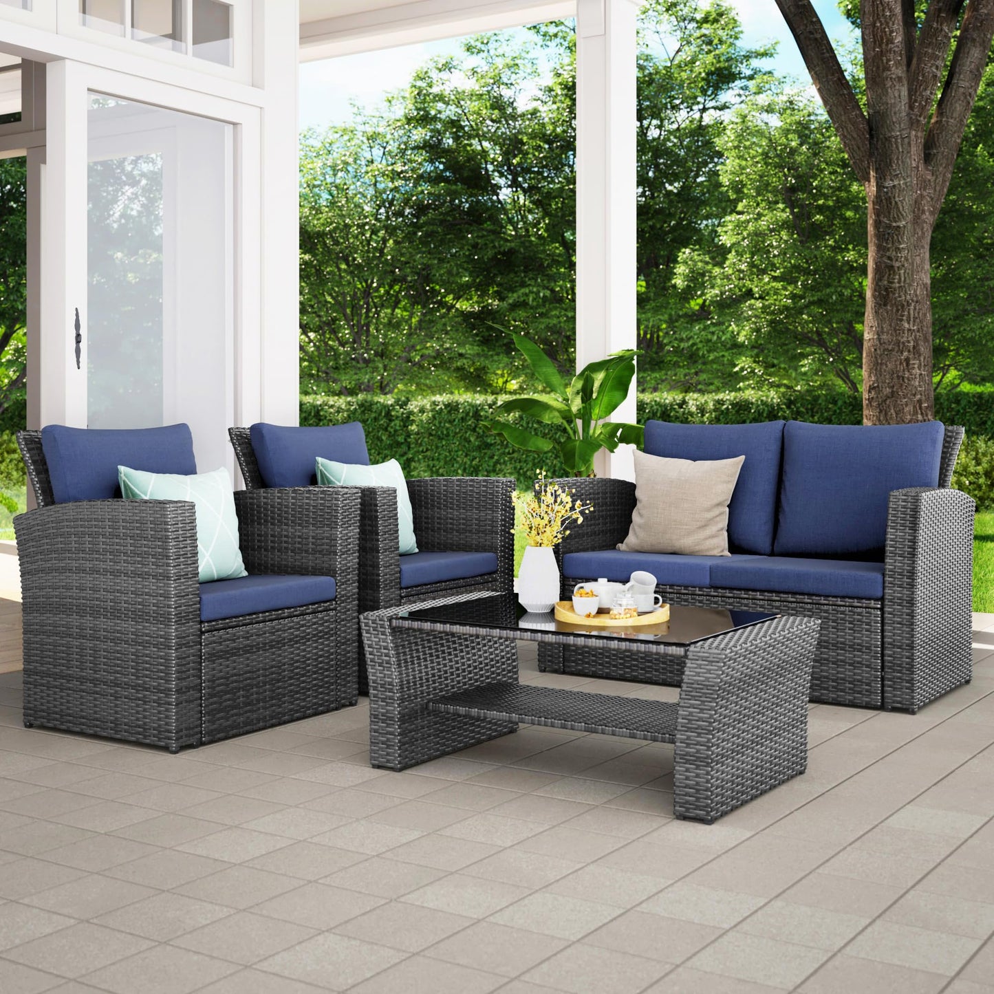 Wisteria Lane 4 Piece Outdoor Patio Furniture Sets, Wicker Conversation Set for Porch Deck, Brown Rattan Sofa Chair with Cushion