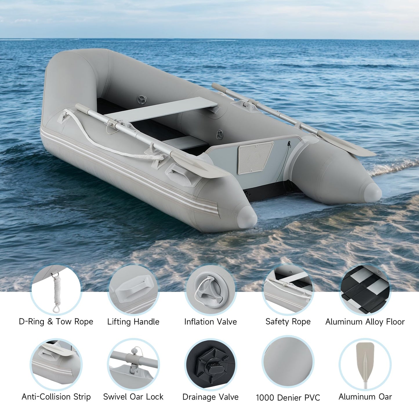 CO-Z 7.5ft Heavy Duty Inflatable Boat with Aluminum Floor & Oars - 2 Person 660lb Capacity Dinghy for Fishing/Towing | Includes Pump & Transom for Kayak, Lake & Ocean
