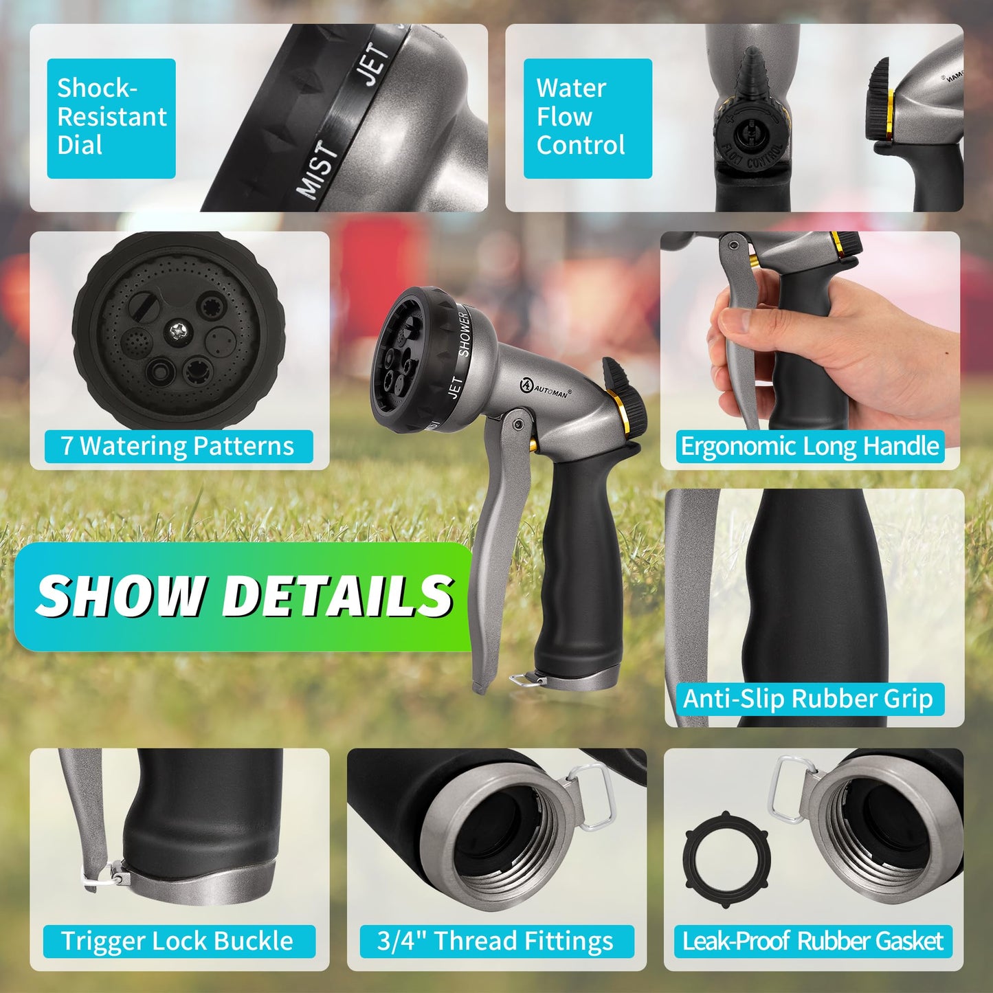 AUTOMAN-Garden-Hose-Nozzle, ABS Water Spray Nozzle with 7 Adjustable Watering Patterns, Slip Resistant for Watering Plants, Lawn& Garden, Washing Cars, Cleaning, Showering Pets & Outdoor Fun.