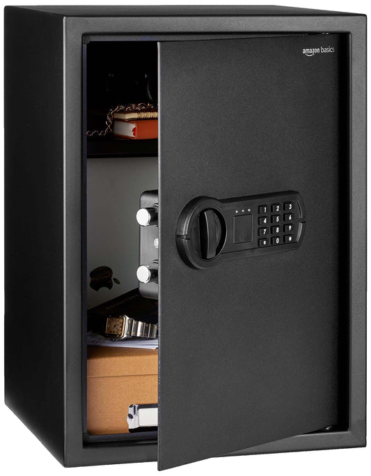 Amazon Basics Steel Home Security Safe with Electronic Keypad, Programmable Combination Lock for Documents, Jewelry, Valuables, Removable Shelf, 1.52 Cubic Feet, Black, 13.8"W x 13"D x 16.5"H