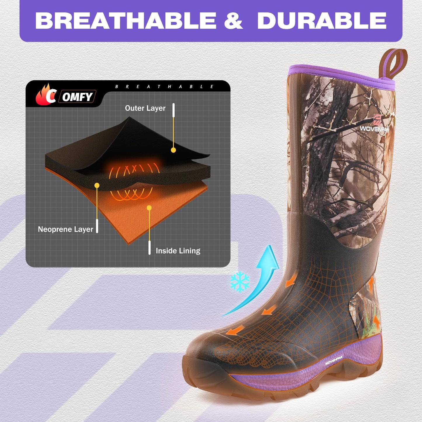 WOVENPAK Rubber Boots for Women, Waterproof Rain Boots Women with Steel Shank, Insulated Hunting Boots, Neoprene Garden Mud Boots All Season for Hunting, Gardening, Farming, Size 6-11
