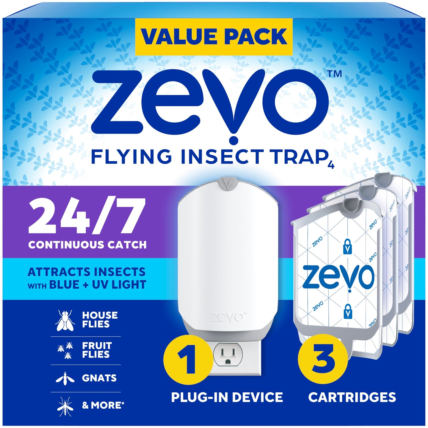 Zevo Flying Insect Trap for Indoors: Light Trap Captures Fruit Flies, Gnats and Houseflies, Starter Kit (1 Plug-in Base + 1 Cartridge)