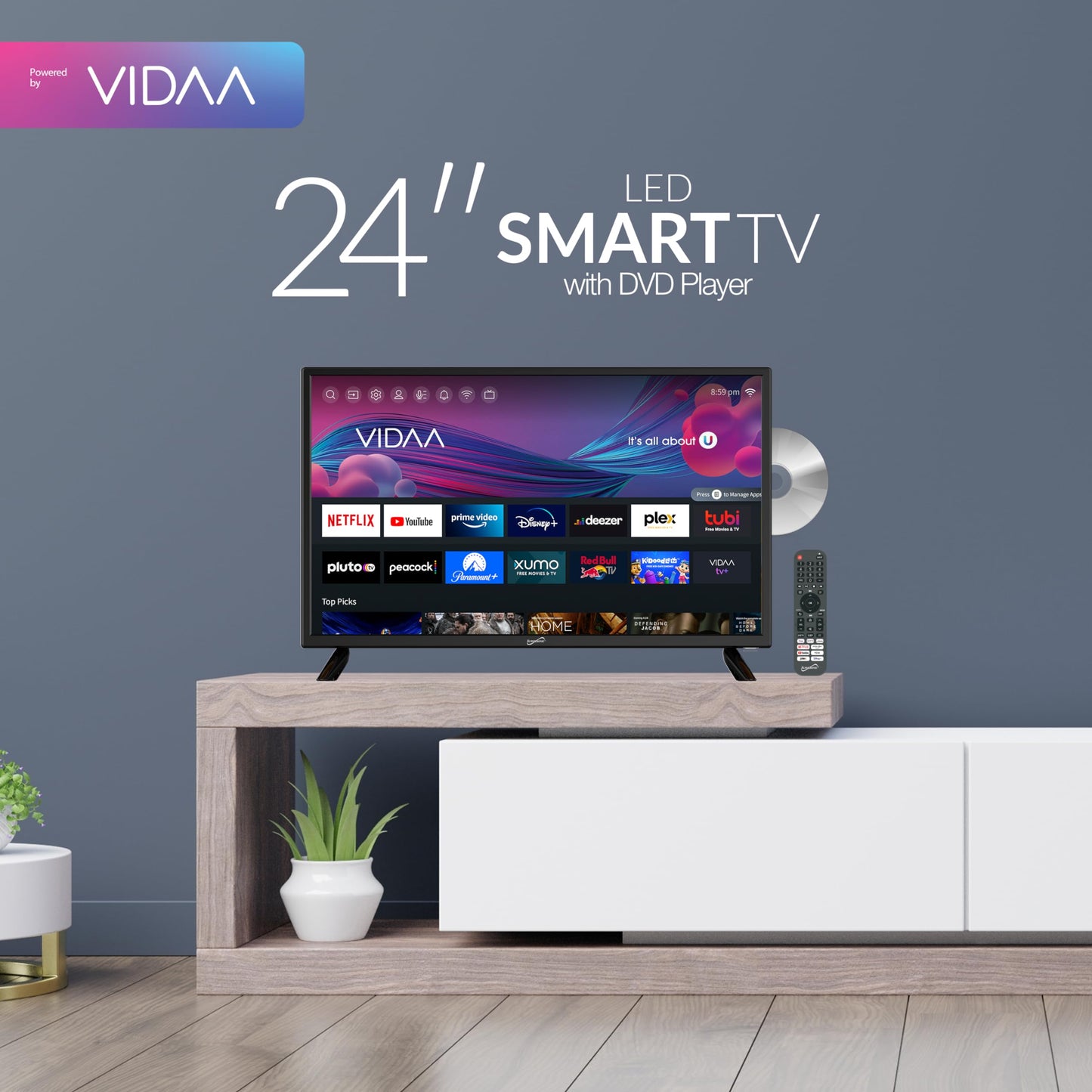Supersonic SC-2426SDVD 24-inch LED Smart HDTV w/DVD Player, ATSC & NTSC System, 3X HDMI, 1080p, WiFi, USB, Multi Language OSD, AC/DC Compatible for Home, Kitchen, or RV Camper, DC Car Cord Included