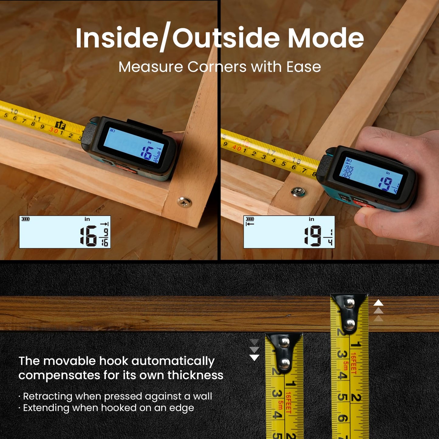 Digital Tape Measure 2 in 1, 16FT with Display, Smart Tape Measure, Area Volume Measuring Pythagorean Mode, Waterproof and Rechargeable,1/2 Self Centering, 20 Groups Historical Memory