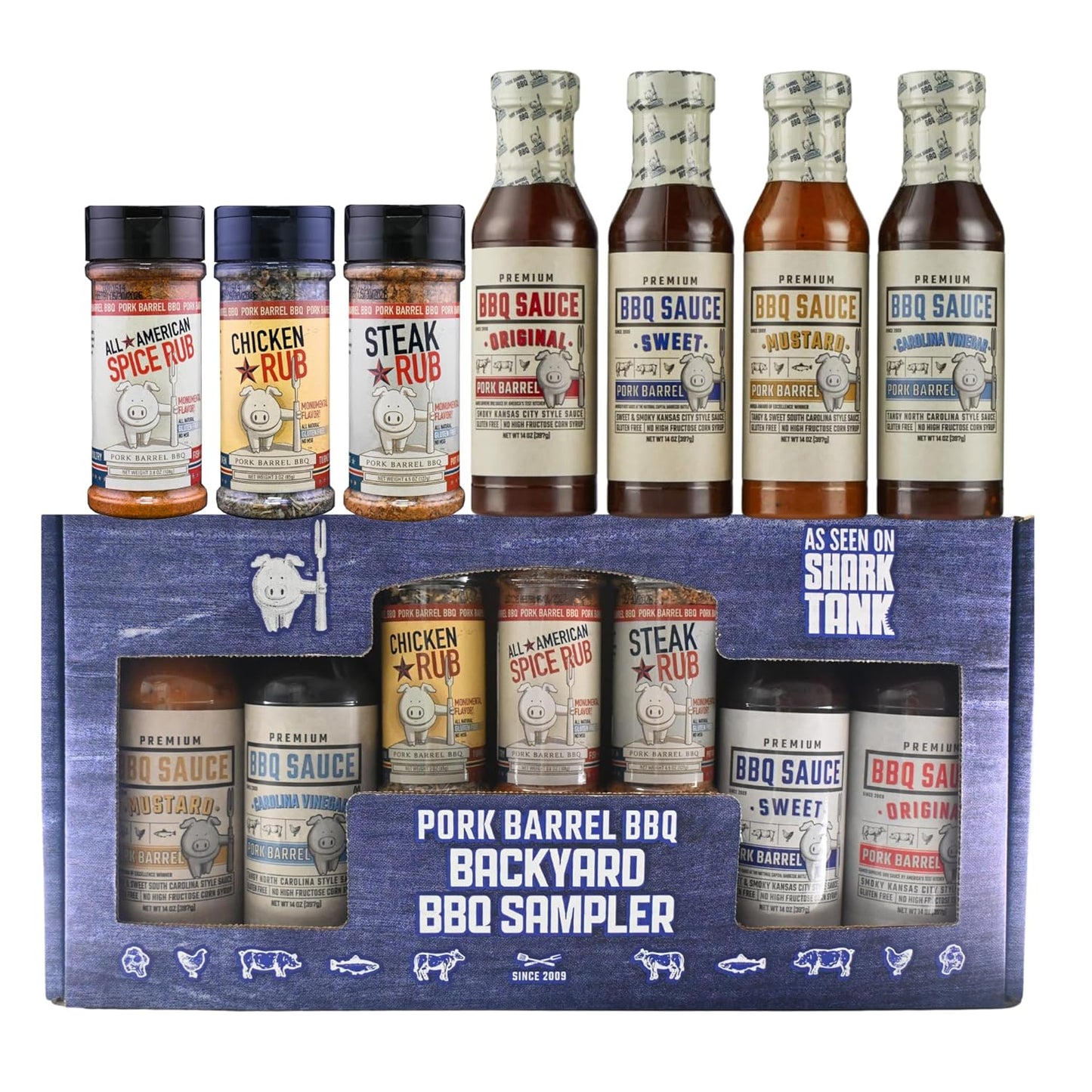 BBQ Gifts for Men - Backyard BBQ Sauce Spices and Seasonings Sets Gift Packs | Includes 4 Competition Sauces & 3 Seasoning Rubs | Great on Chicken Wings, Steak & Pork | Gifts for Dad, Birthday Gifts for Him