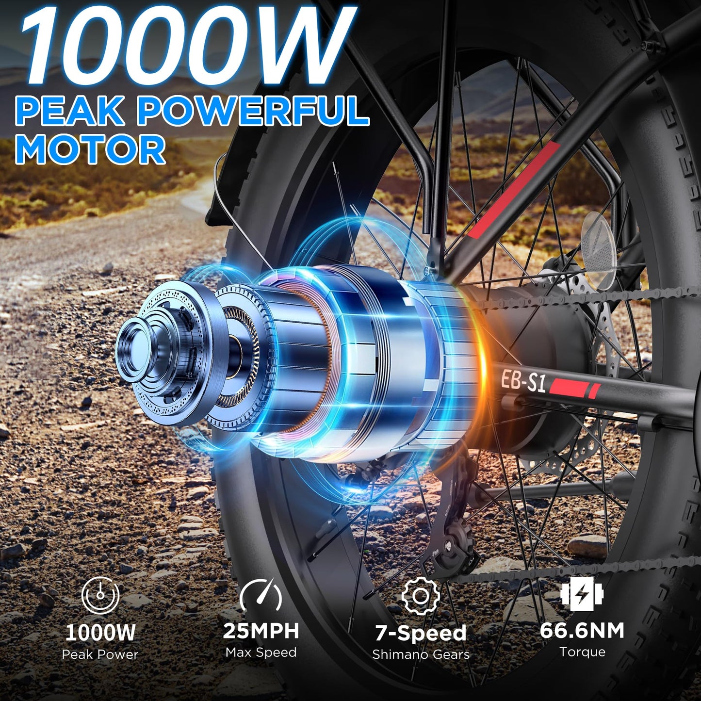 Funhang Electric Bike for Adults, 1000W Peak Ebike, 25MPH 60Miles Electric Mountain Bike, 26" Fat Tire Electric Bicycle with 48V 13AH Battery, Rear Rack, Turn Signal, Lockable Suspension Fork,7 Speed