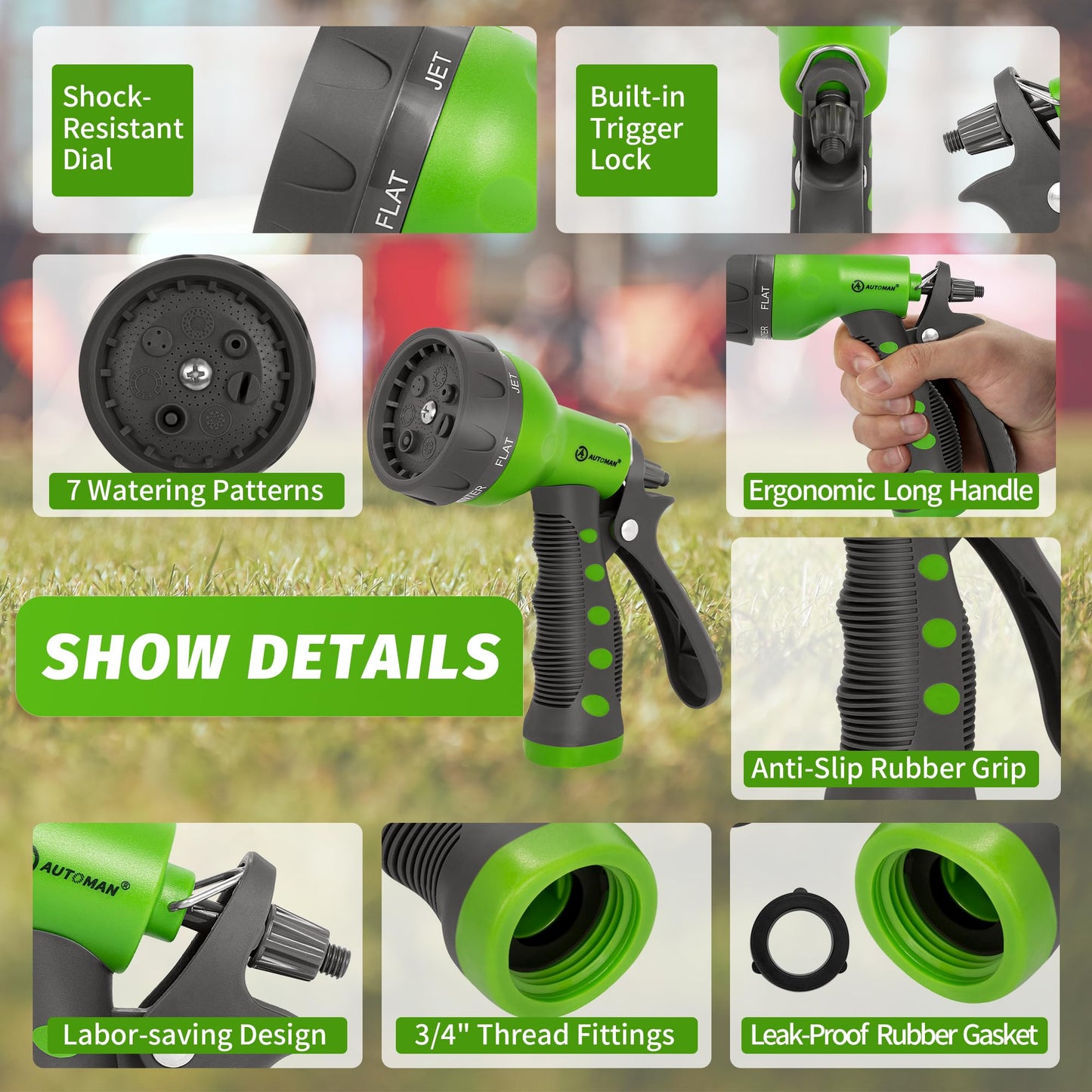 AUTOMAN-Garden-Hose-Nozzle, ABS Water Spray Nozzle with 7 Adjustable Watering Patterns, Slip Resistant for Watering Plants, Lawn& Garden, Washing Cars, Cleaning, Showering Pets & Outdoor Fun.