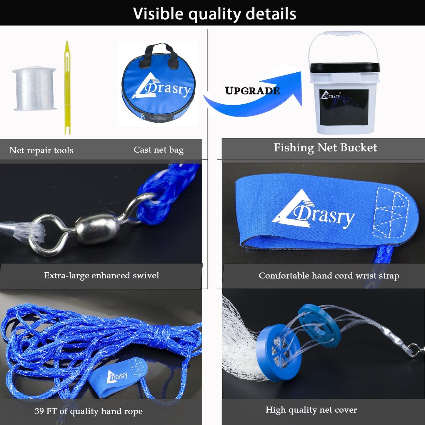 Drasry Saltwater Fishing Cast Net for Bait Trap with Heavy Sinkers Fish Throw Net. Size 3ft/4ft/5ft/6ft/7ft/8ft/9ft/10ft Radius Freshwater Nets