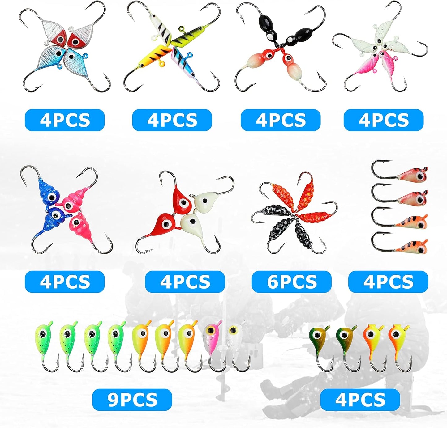 Ice Fishing Jigs Lures kit,48pcs Luminous Ice Fishing Gear Crappie Panfish Jigs Head Fishing Hooks Set for Winter Ice Jigging Walleye Perch Bluegill