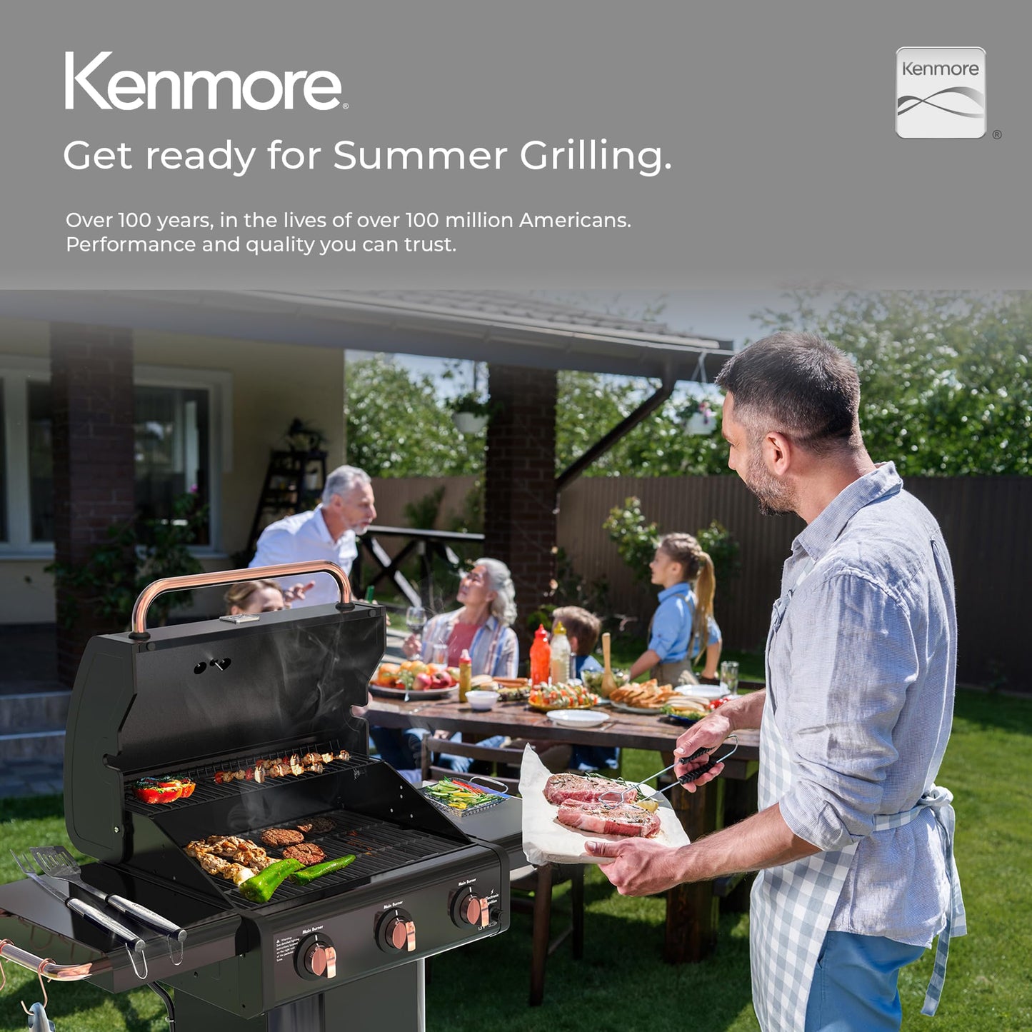 Kenmore 3-Burner Propane BBQ Grill, 30,000 BTUs Gas Grill with Cast Iron Cooking Grates, Folding Side Tables & Wheels, Outdoor Grill with Tool Hooks, Azure Blue