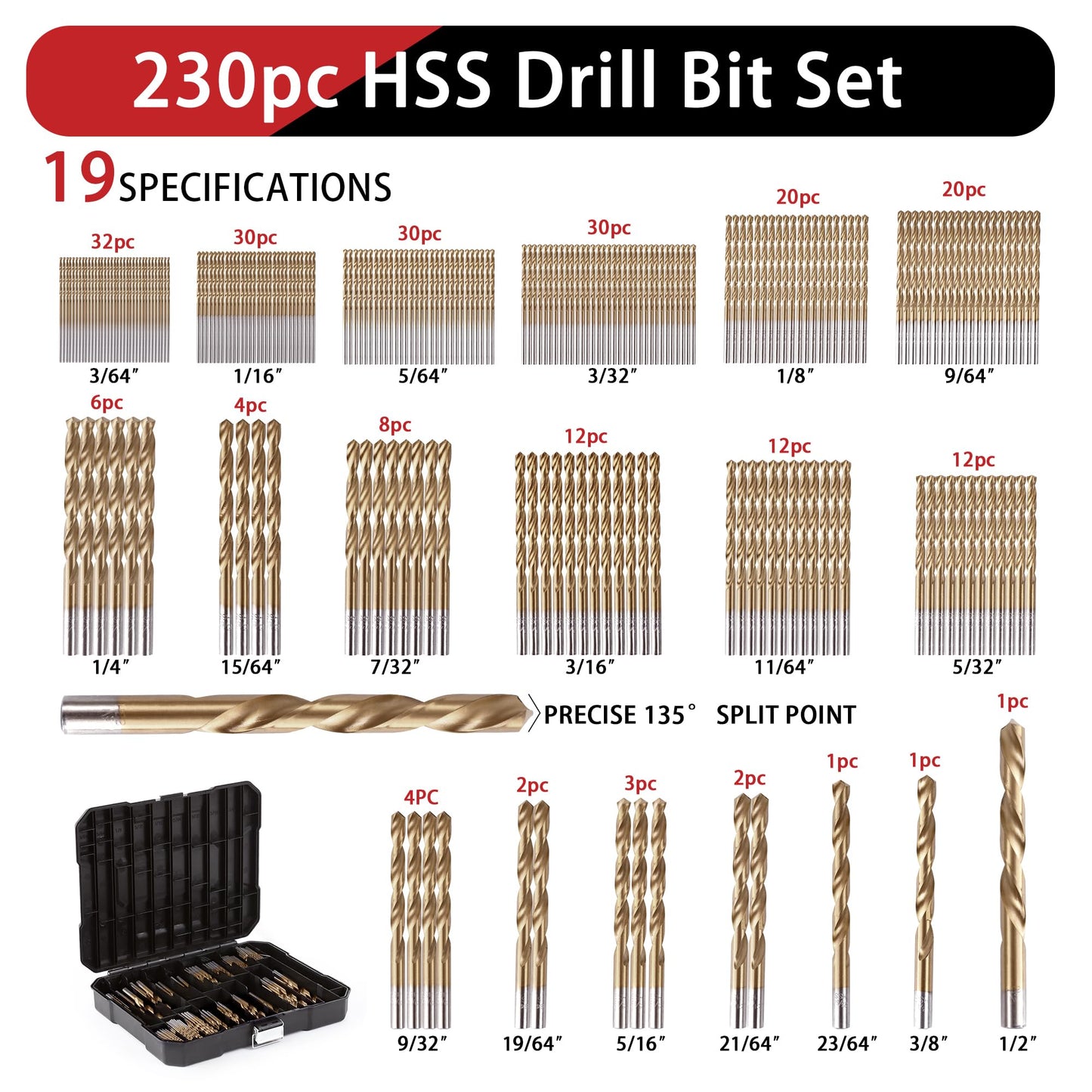 99PC Drill Bit Set, 135° Tip Titanium Coated High Speed Steel, Twist Drill Bit Kit for Iron, Aluminum Alloy, Copper, Wood, Plastic, with Storage Case 1/16"-3/8"