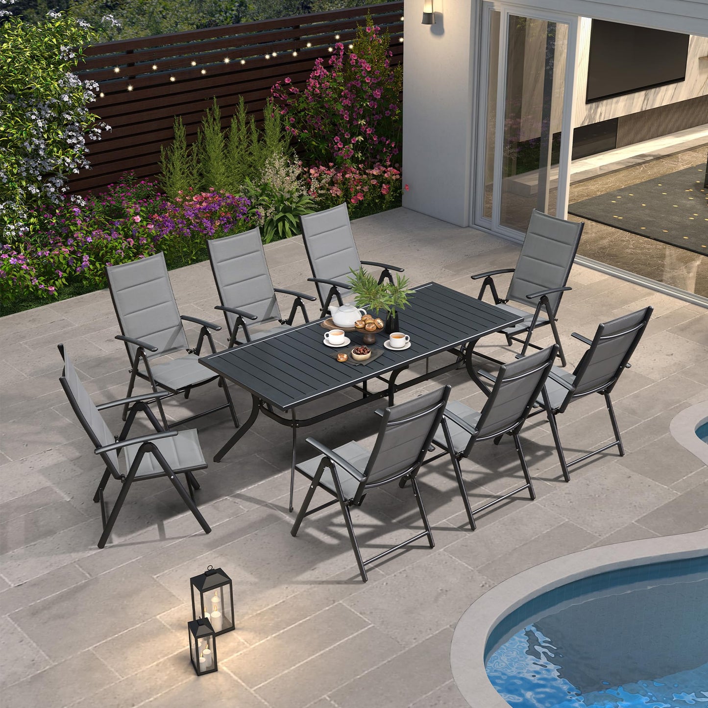 PURPLE LEAF 9 Pieces Outdoor Patio Dining Set with 8 Folding Portable Chairs and 1 Rectangle Aluminum Table, Foldable Adjustable High Back Reclining Chairs with Soft Cotton-Padded Seat, Grey