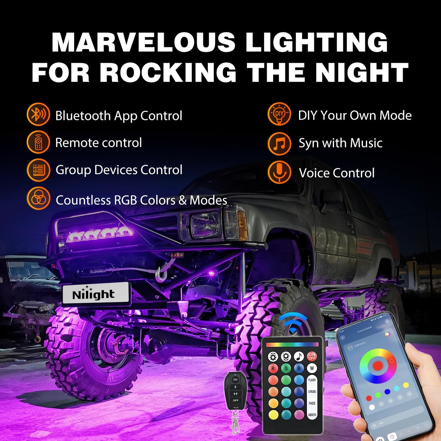 Nilight RGB LED Rock Lights Kit, 4 pods Underglow Multicolor Neon Light Pod with Bluetooth App Control Flashing Music Mode Wheel Well Light for Truck ATV UTV RZR SUV