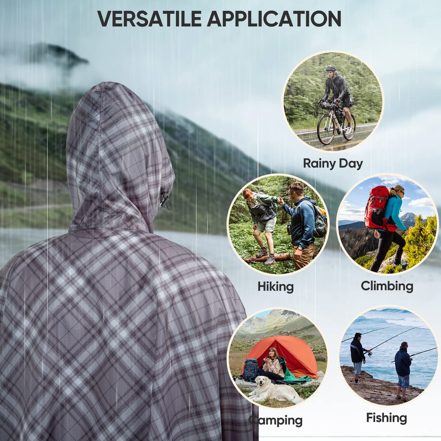 PTEROMY Hooded Rain Poncho for Adult with Pocket, Waterproof Lightweight Unisex Raincoat for Hiking Camping Emergency