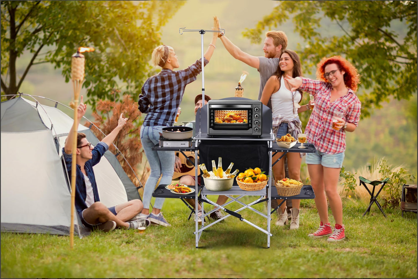 Nice C Camping Kitchen Station, Camping Table, Picnic Table, Grill Table, Folding Table, Upgrade Light Stand and Windshield Cooking Station & Organizers, Carry Bag for Beach, Picnic (Black)