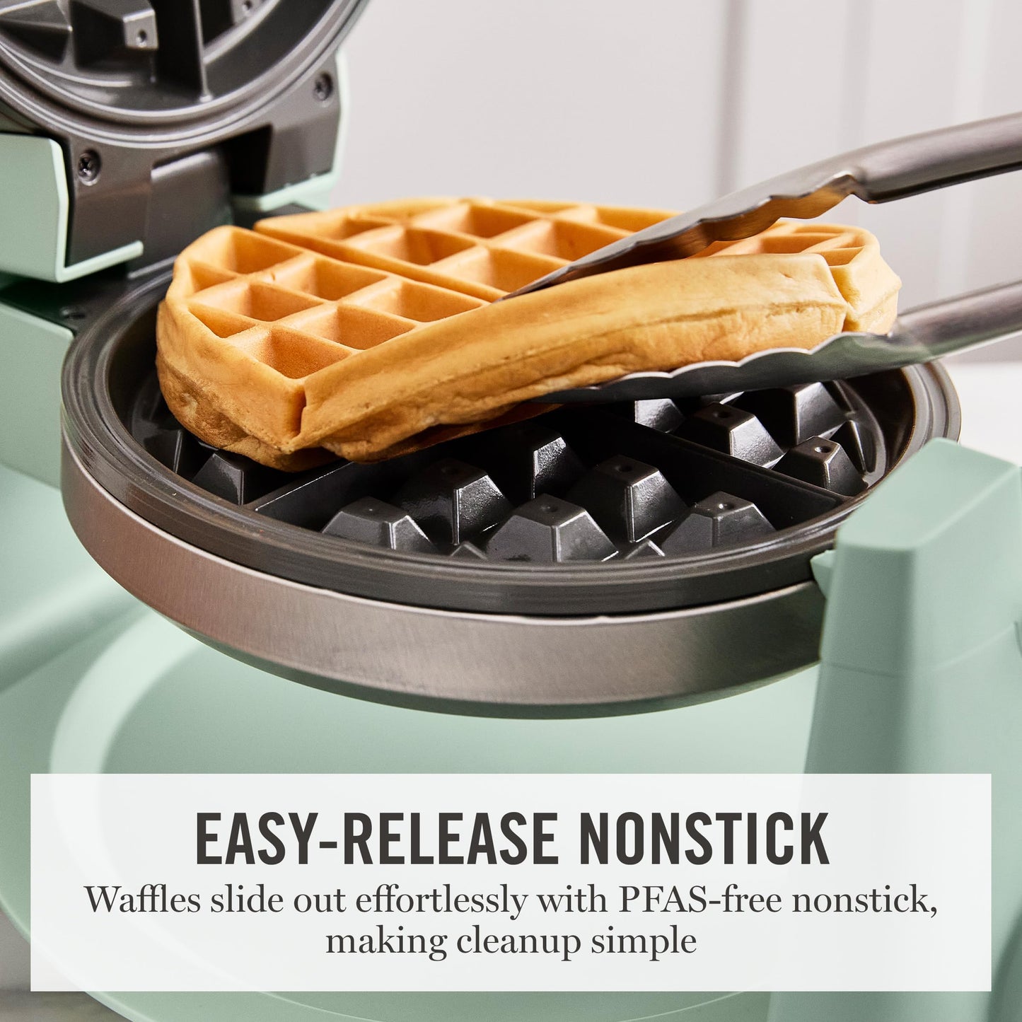 Martha Stewart Rotating Waffle Maker, 180° Flip Iron with PFAS-Free Nonstick Plates, Adjustable Timer, Ready Light, Drip Tray, Space Saving, Classic Round 7”, Easy to Clean, Stainless Steel, Sky Blue