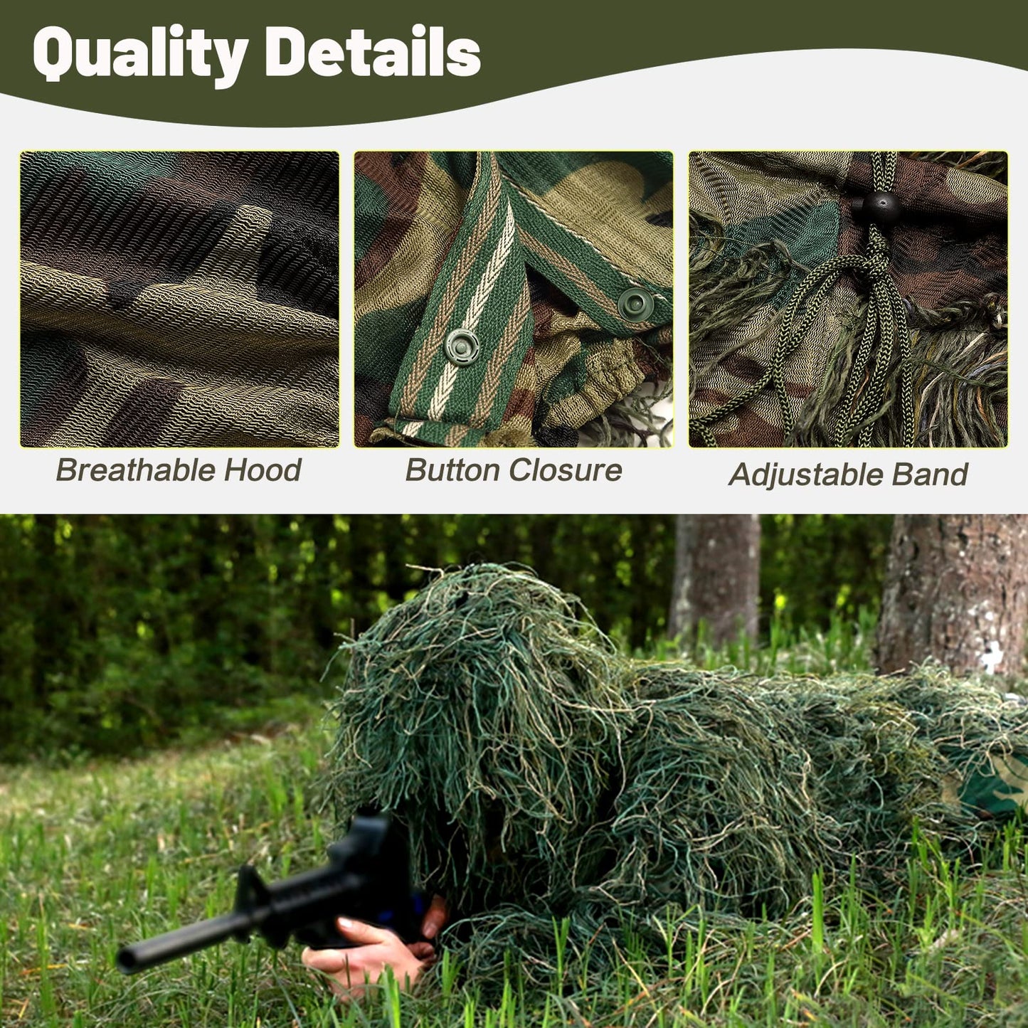 MOPHOTO 5 in 1 Ghillie Suit, 3D Camouflage Hunting Apparel Including Jacket, Pants, Hood, Carry Bag Suitable for Unisex Adults/Youth (M/L/XL/XXL)