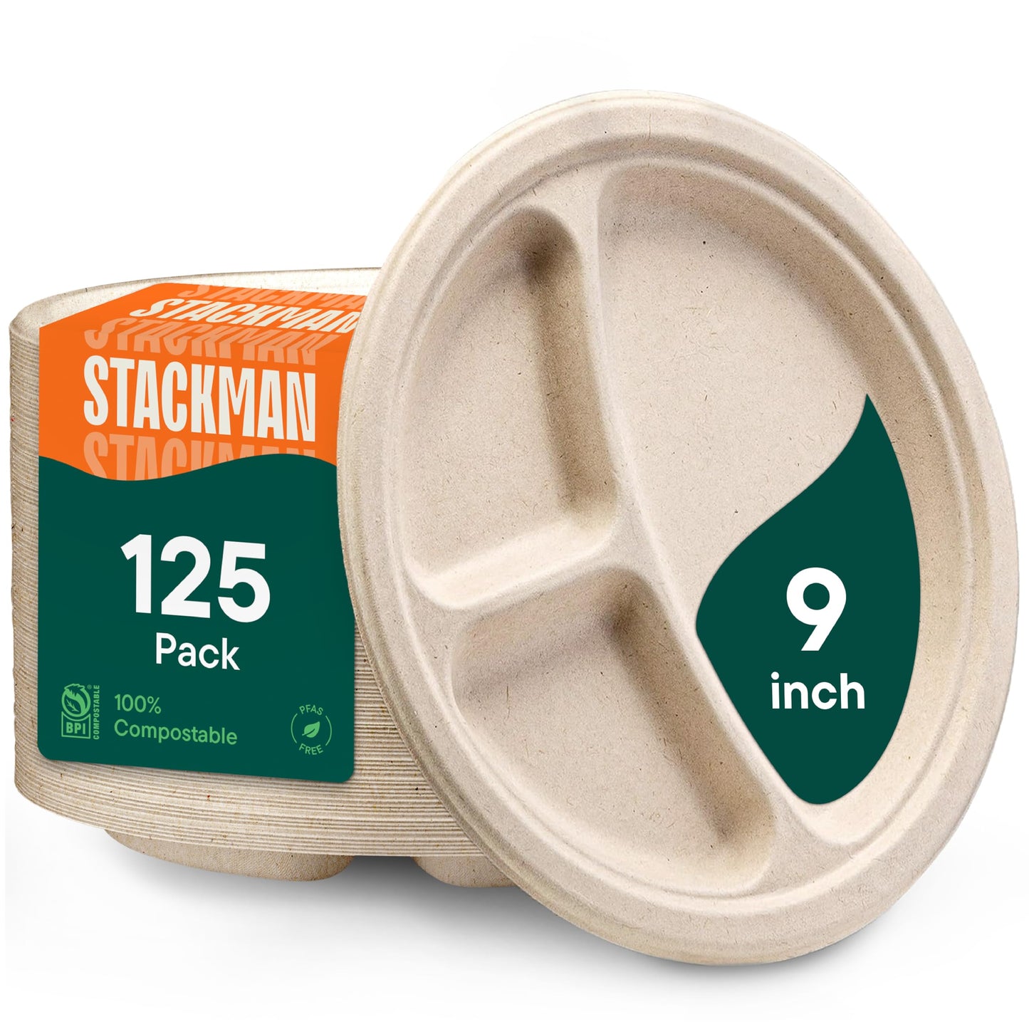 100% Compostable Paper Plates, Heavy Duty Disposable Plates [125-Pack] 9 Inch Plates - Eco-Friendly, Biodegradable Sugarcane Bagasse, Natural Unbleached Brown 9" Dinner Paper Plate Disposable