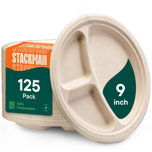 100% Compostable Paper Plates, Heavy Duty Disposable Plates [125-Pack] 9 Inch Plates - Eco-Friendly, Biodegradable Sugarcane Bagasse, Natural Unbleached Brown 9" Dinner Paper Plate Disposable