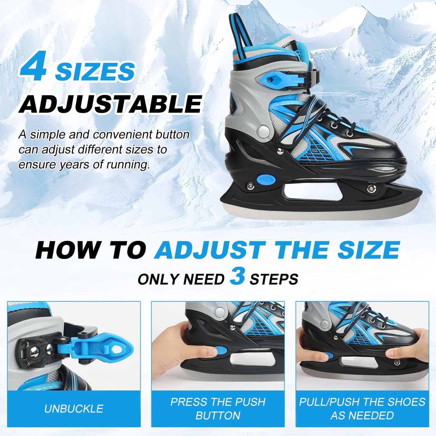 Adjustable Ice Skates for Kids Boys & Girls, 4 Sizes Adjustable, Warm & Comfortable Lining for Beginners-Ages 3-12, Outdoor & Ice Rink Skating Shoes (Blue, Large (5-8 US))