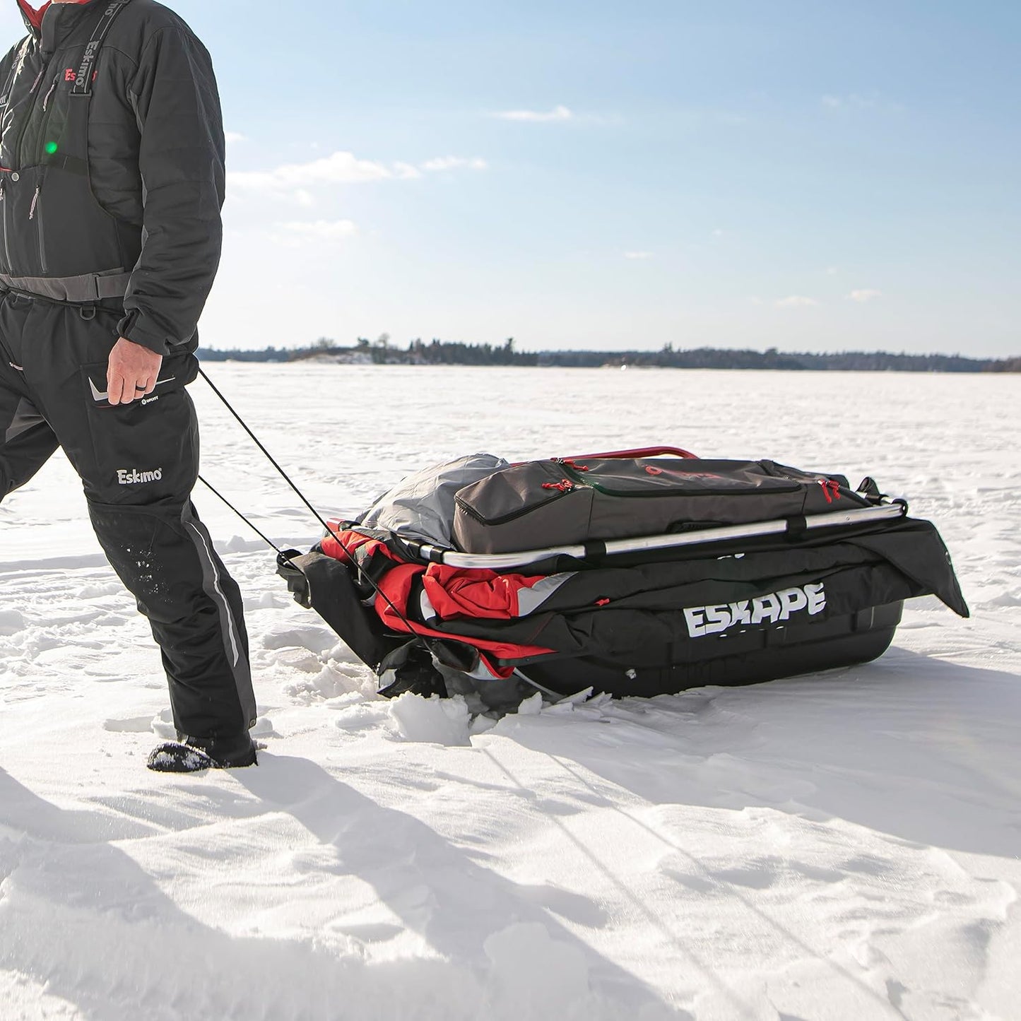 Eskimo Eskape 2000, Flip-Style Sled Ice Fishing Shelter, Insulated, Red/Black, 1-2 Person Capacity, Two Person Versatile Bench Seat, Gray Interior, 44100