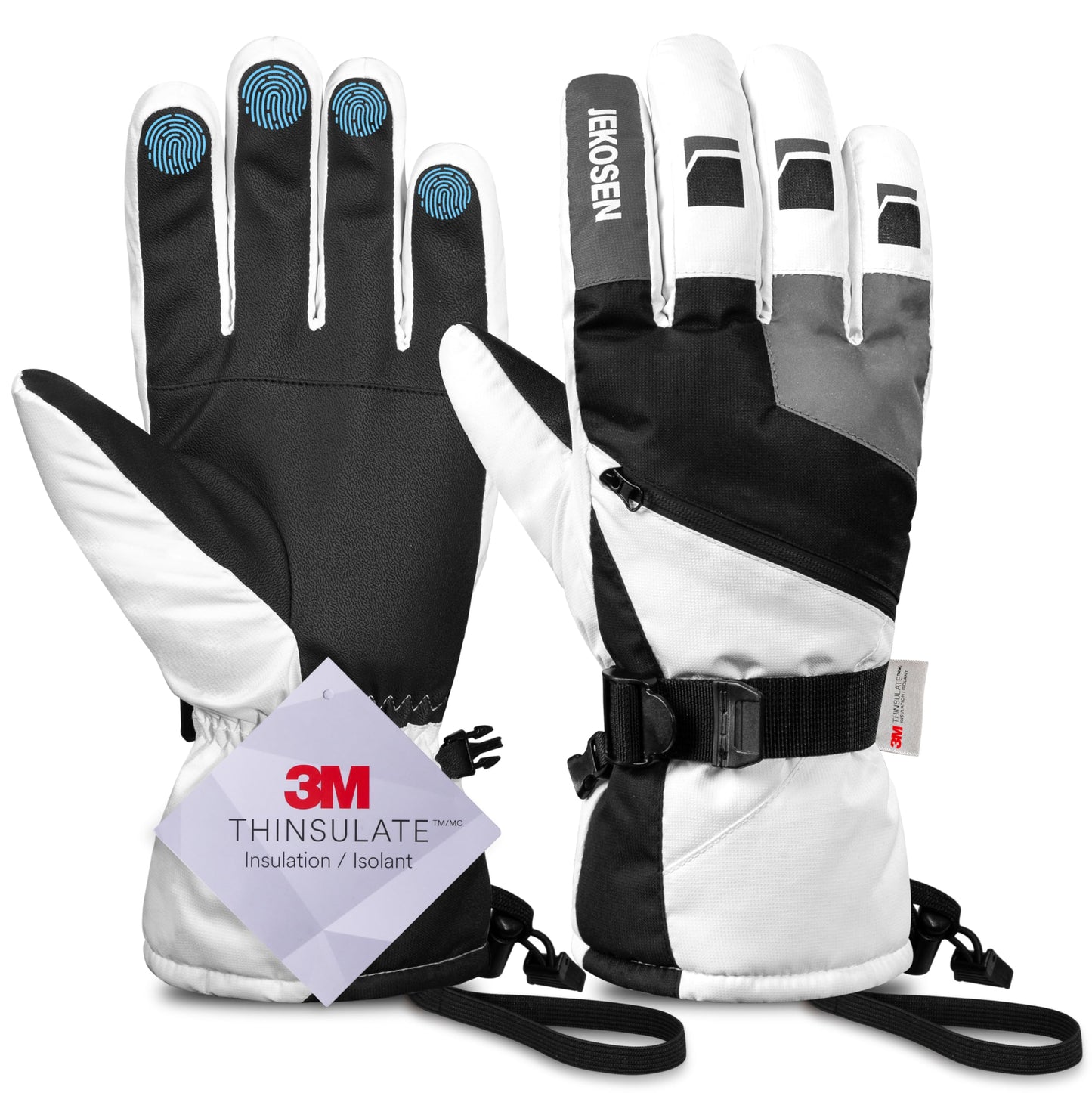 JEKOSEN Ski Gloves Women Mens Waterproof Touchscreen Snowboard Gloves Snow Cold Weather Winter Keep Warm Gloves with Anti-Lost Wrist Leashe White Medium
