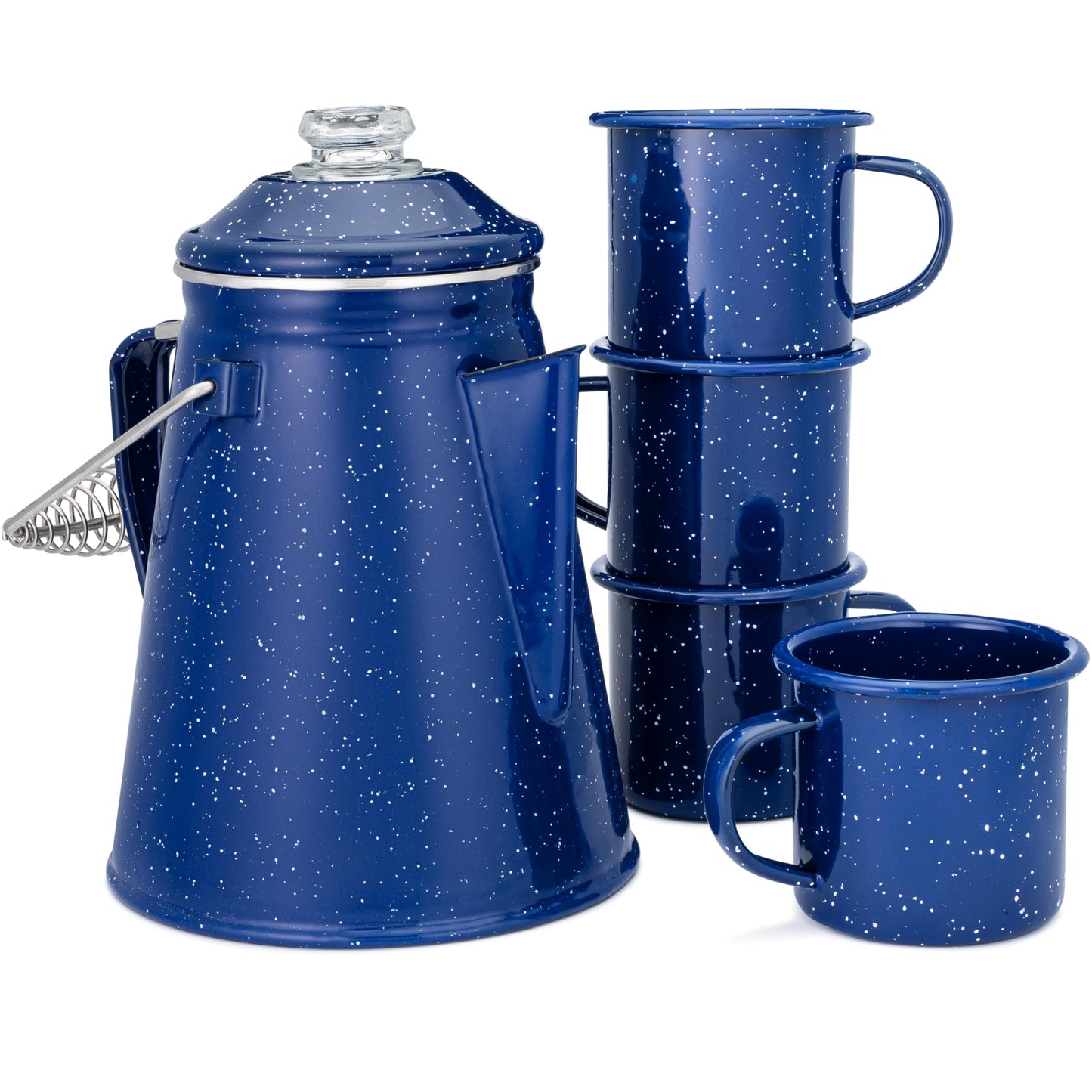 COLETTI Classic Camping Coffee Pot & Mug Set - Percolator Coffee Pot, Enamel Mug Complete Nostalgic Bundle German Imported Enamel Powder [12 oz, Set of 4] (Green)