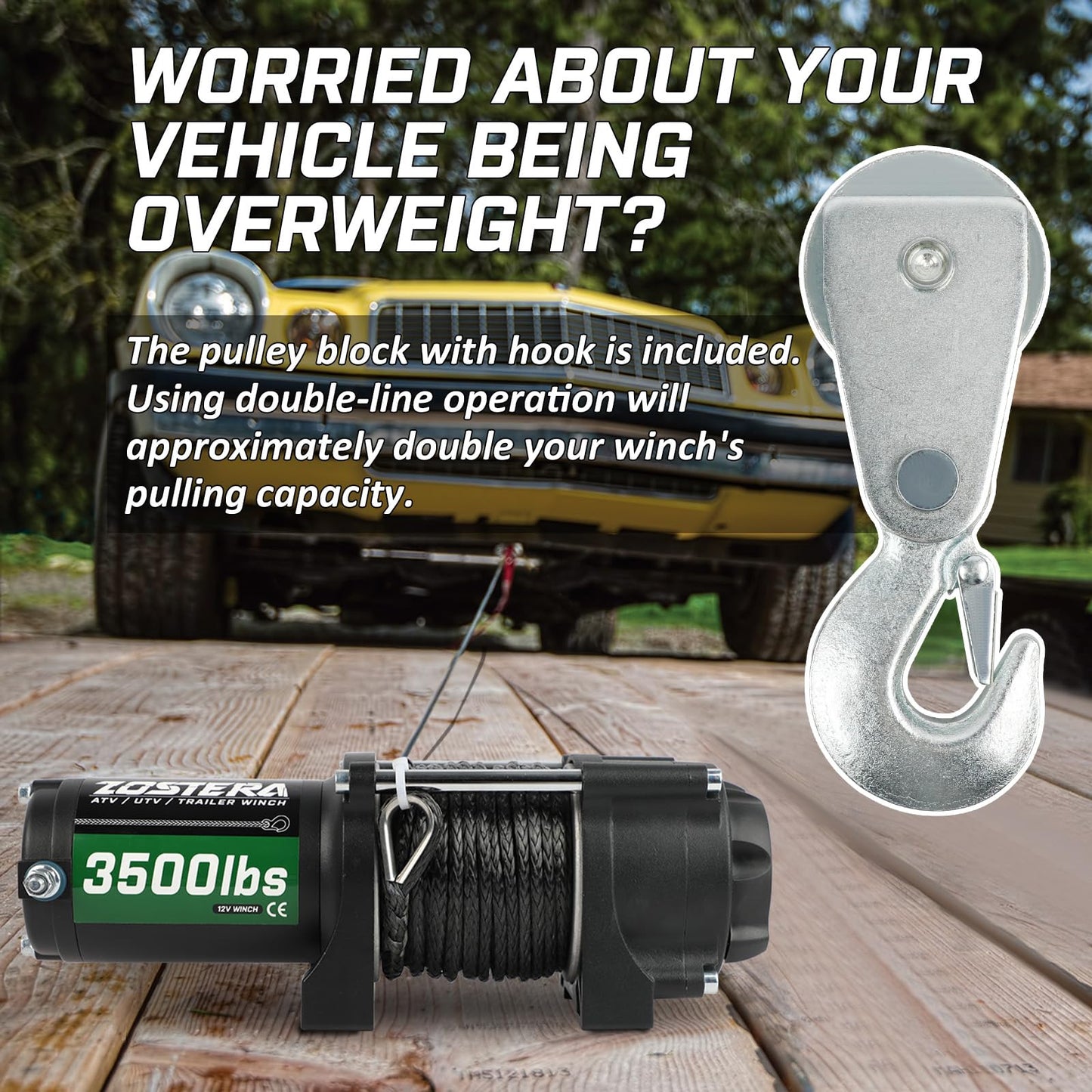 3500lbs ATV/UTV Winch with Synthetic Rope, Electric Boat Trailer Winch 12V, Waterproof Winch with 2 Wireless Remotes &Wired Switch,with Mounting Plate,Pulley,Rope Damper,Aluminium Fairlead