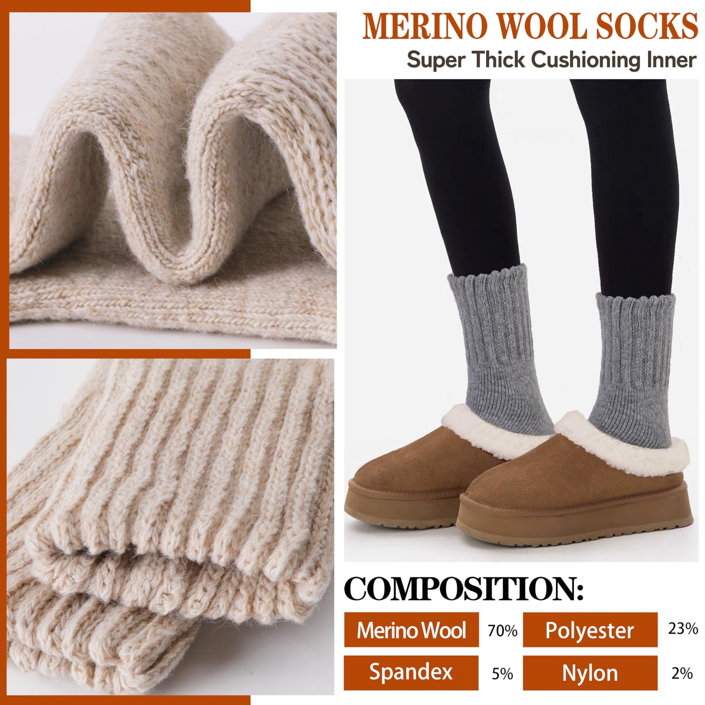 Merino Wool Thermal Boot Socks for Men Women Winter Warm Thick Cozy Hiking Christmas Stocking Stuffers Socks 3 Pairs(Black/Grey/Beige,M)