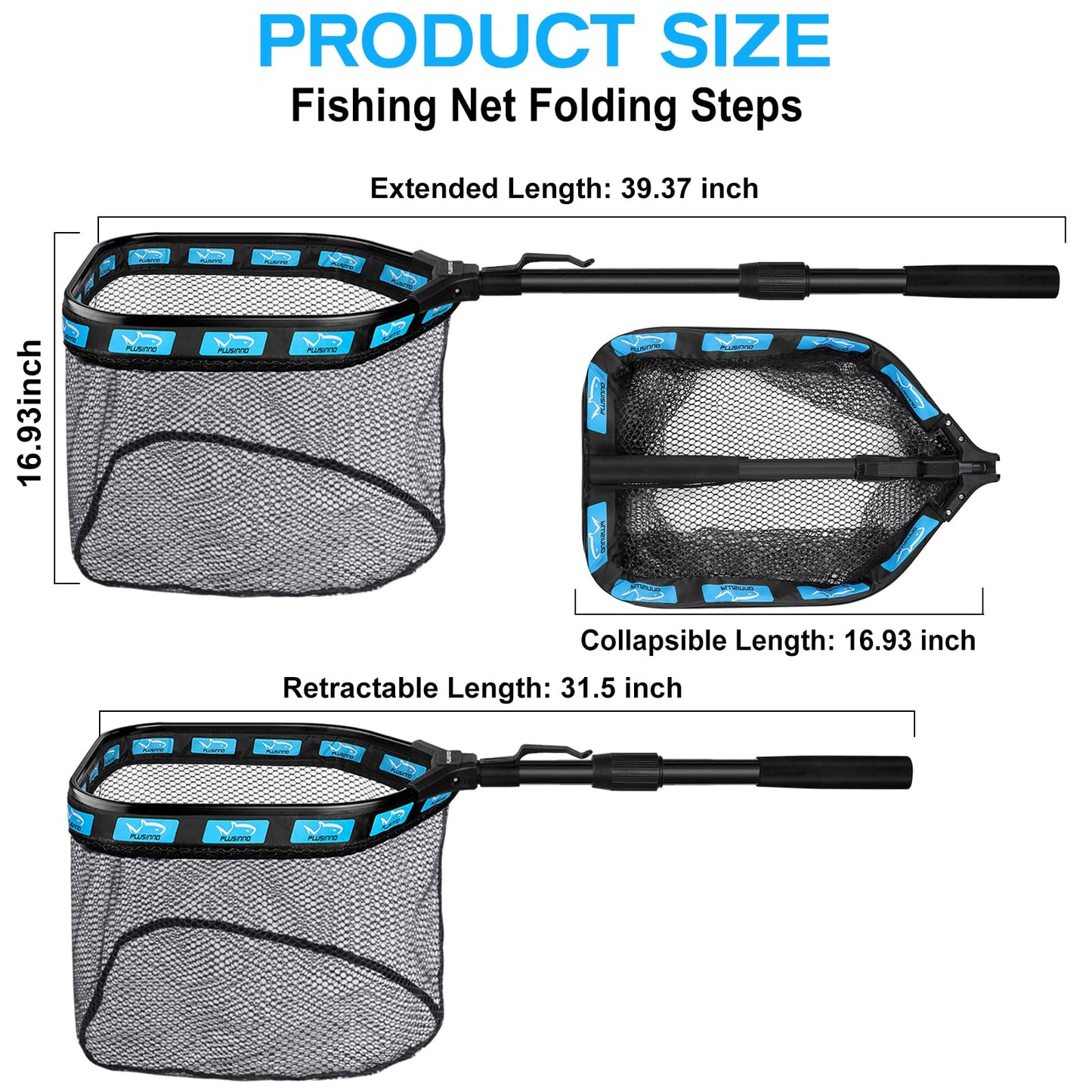 PLUSINNO Floating Fishing Net for Steelhead, Salmon, Fly, Kayak, Catfish, Bass, Trout Fishing, Rubber Coated Landing Net for Easy Catch & Release, Compact & Foldable for Easy Transportation & Storage