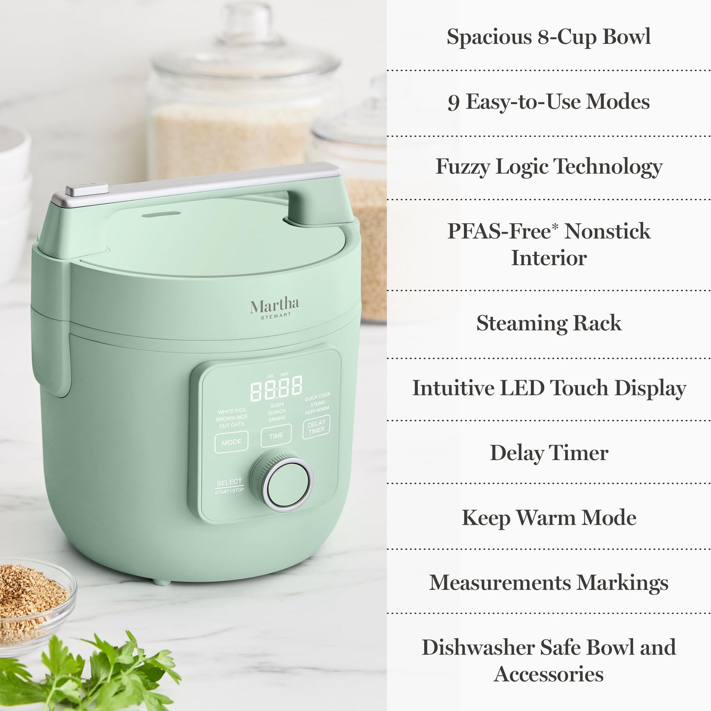 Martha Stewart Rice Cooker, 4 Cup (Uncooked) / 8 Cup (Cooked), Ceramic Non-Stick Removable Pot, Keep Warm, Measure Markings, Steam Basket, Brown & Sushi Rice, Quick Cook, Quinoa, Grains, Oats, Caviar Gray