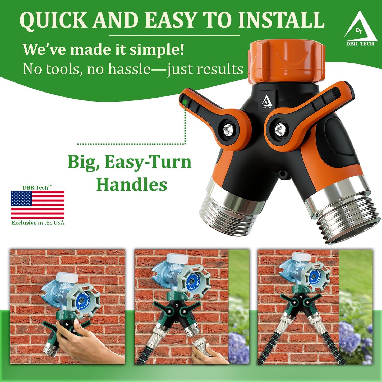 Hose Splitter 2 Way, Heavy Duty Metal Connector, Two Way Garden Hose Splitter, High Flow Spigot Faucet Bib Adapter, Solid Double Y Shut Off Valve for Outdoor Gardening Hoses, Orange