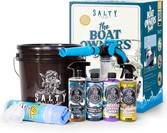 Salty Captain Boat Wash Kit – All-in-One Boat Cleaning Starter Box with Premium Marine-Grade Products & Bucket – Includes Boat Wash N Wax, Hose Foam Cannon & Engine Flush – Eco-Friendly & Easy to Use