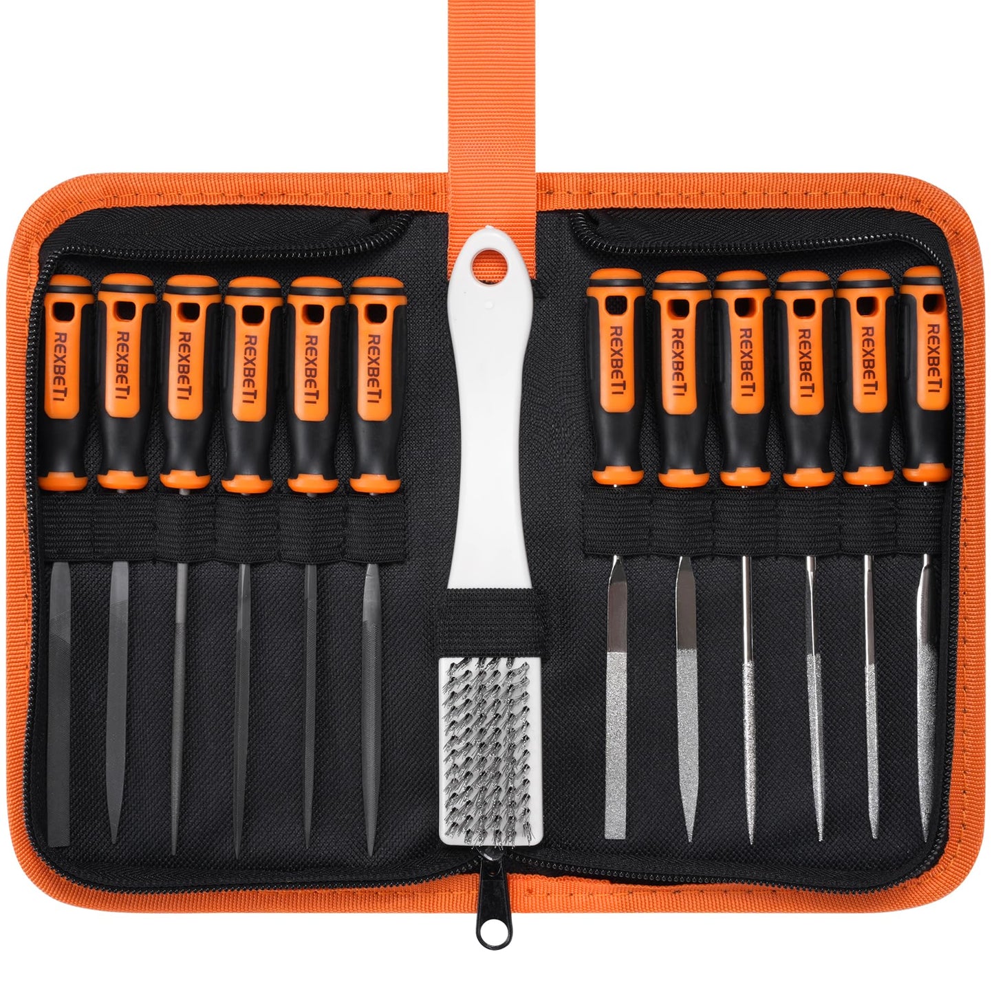 REXBETI 25Pcs Metal File Set, Premium Grade T12 Drop Forged Alloy Steel, Flat/Triangle/Half-round/Round Large File and 12pcs Needle Files with Carry Case, 6pcs Sandpaper, Brush, A Pair Working Gloves