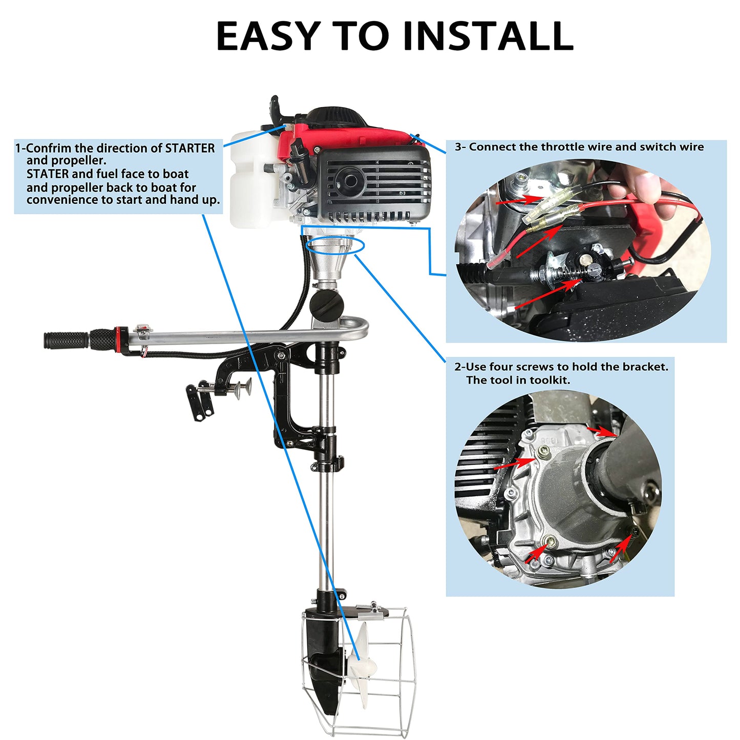 CUKUSIN Outboard Motor Boat Engine 4 Stroke 4.0 HP Marine Boat Motor with Air Cooling System and Manual Pull Start for Inflatable Fishing Boats Yachts Water Sport Tools, with Shade