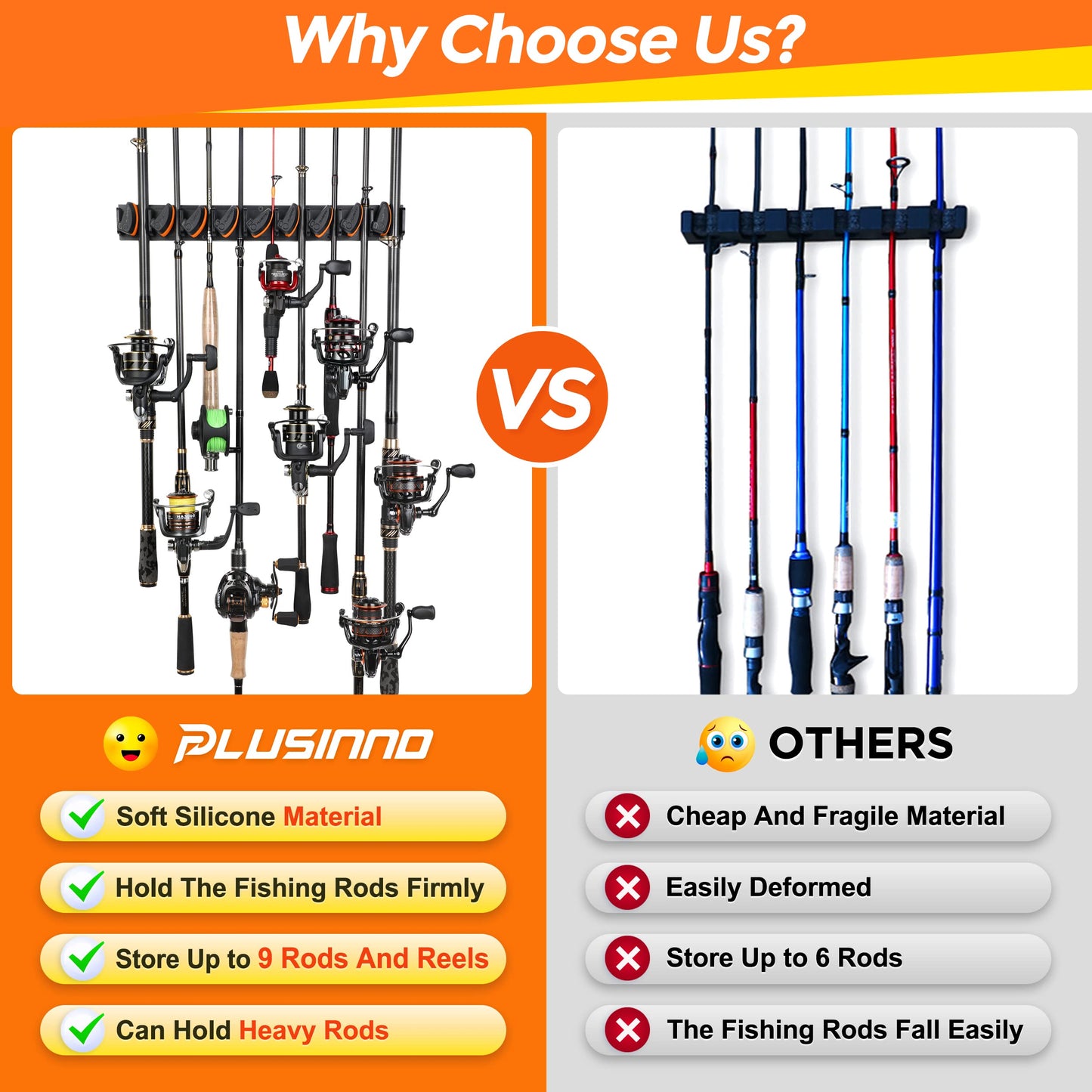 PLUSINNO Vertical Fishing Rod Holder, Wall Mounted Fishing Rod Rack, Fishing Pole Holder Holds Up to 9 Rods or Combos, Fishing Rod Holders for Garage, Fits Most Rods of Diameter 3-19mm