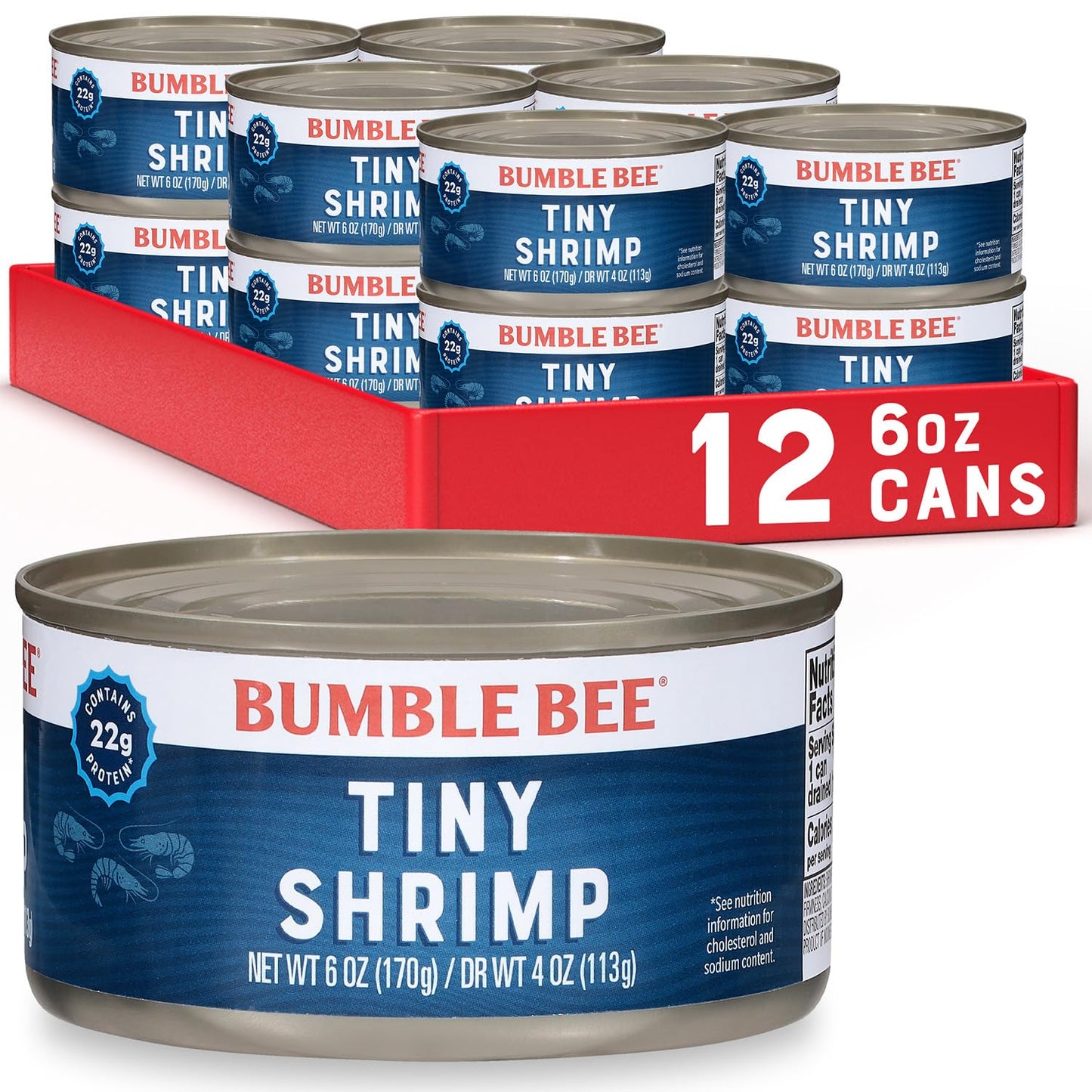Bumble Bee Tiny Canned Shrimp, 6 oz Can - Shrimp in Water, Cooked, Peeled, Deveined - 22g Protein per Serving - Gluten Free