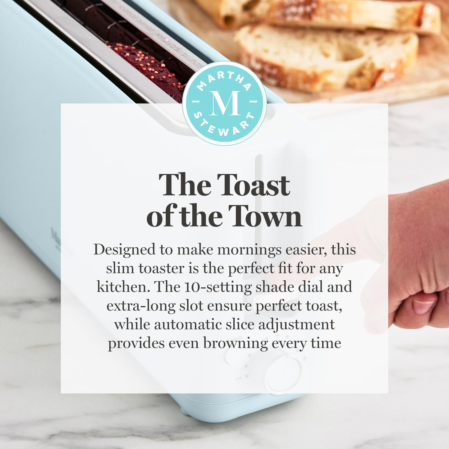 Martha Stewart 2 Slice Long Slot Toaster, Extra Wide for Sourdough & Bagels, 10 Setting Shade Control, Removable Crumb Tray, Self-Centering Design, Defrost/Reheat, Cancel, Slim Space-Saving, Honeydew