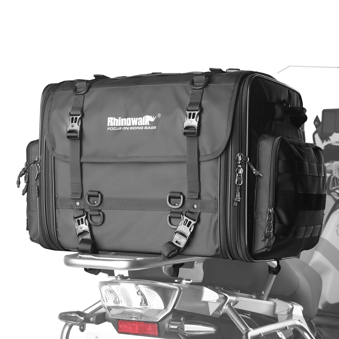 Rhinowalk Motorcycle Tail Bag, Expandable Motorcycle Travel Luggage Bags 60L, Waterproof All-Weather Trunk Rack Bag with Sissy Bar Straps & Helmet Rain Cover – Black